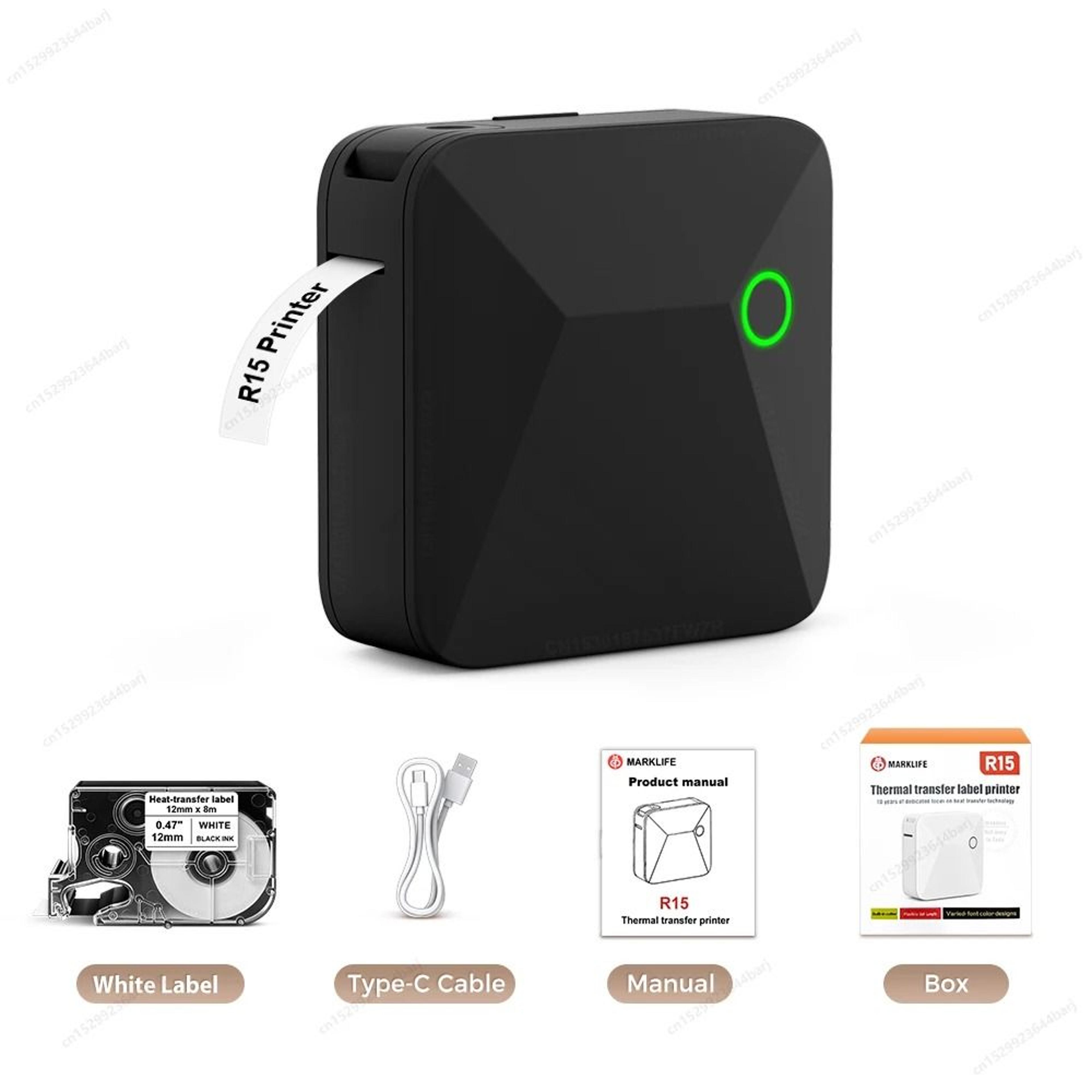 r15 portable thermal transfer printer handheld bluetooth label maker for clothing tags & home storage