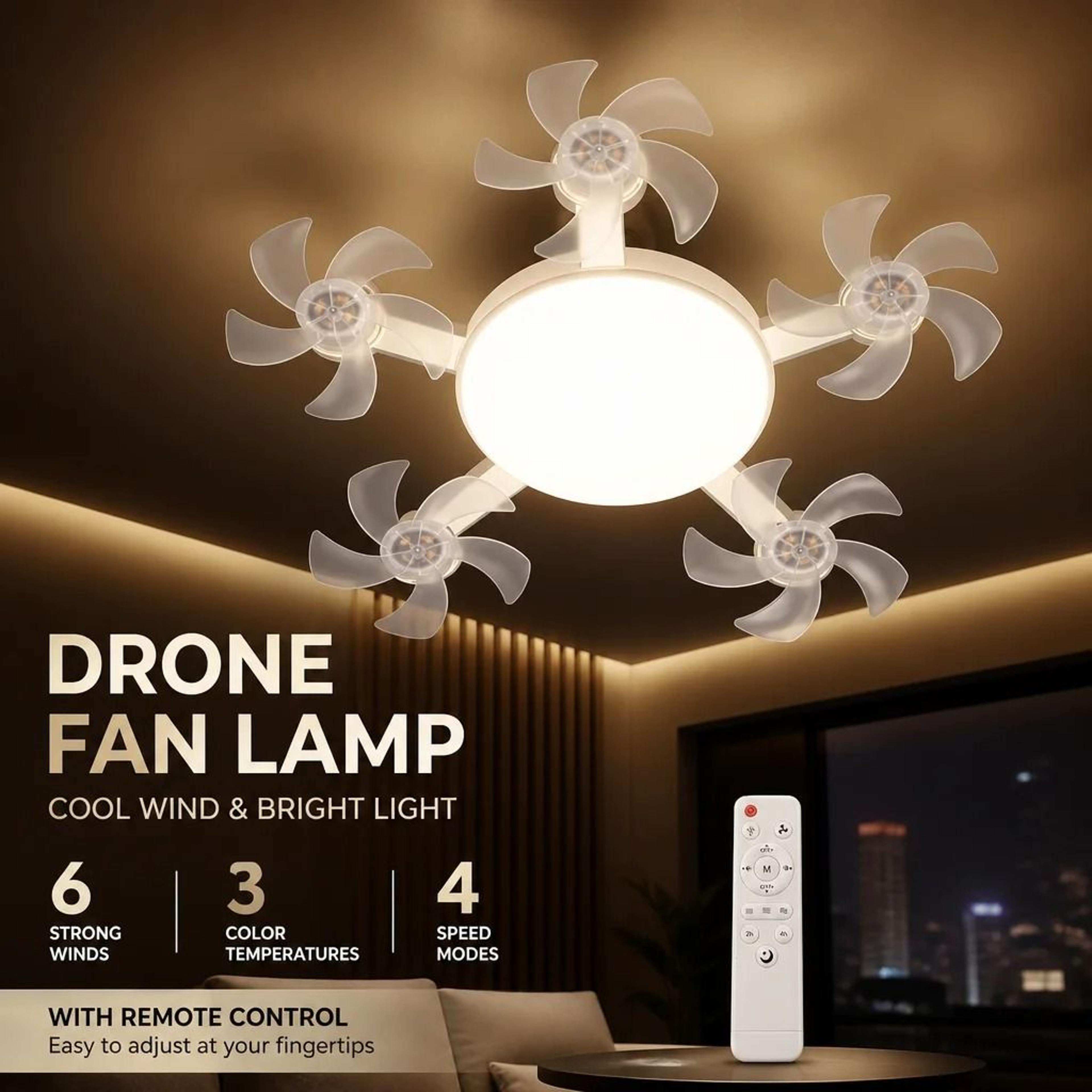 futuristic drone-design silent ceiling fan light – e27 base dimmable tricolor led fanlight with remote control
