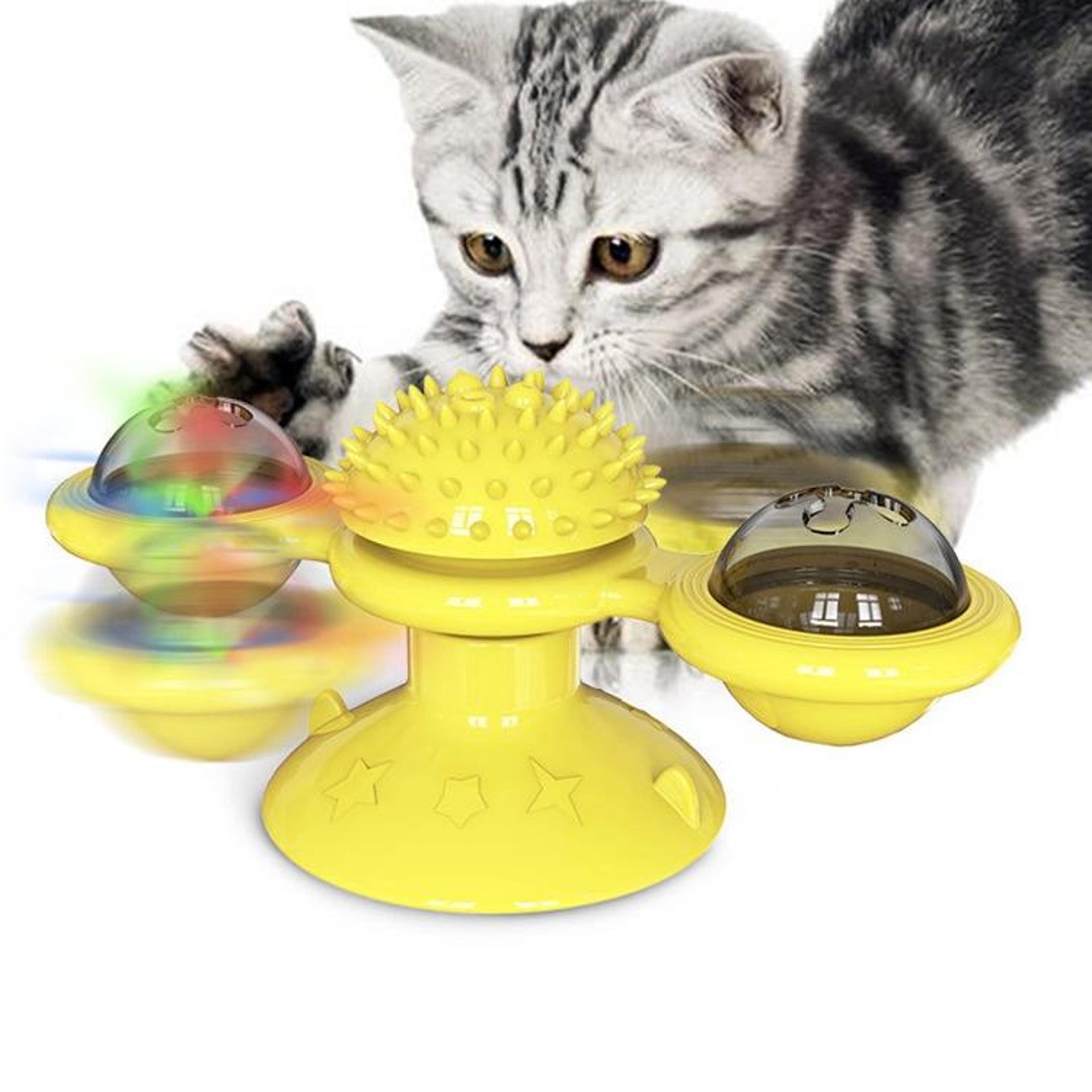 interactive cat turntable scratch toy with suction cup base, windmill ball dispenser & scratching fun