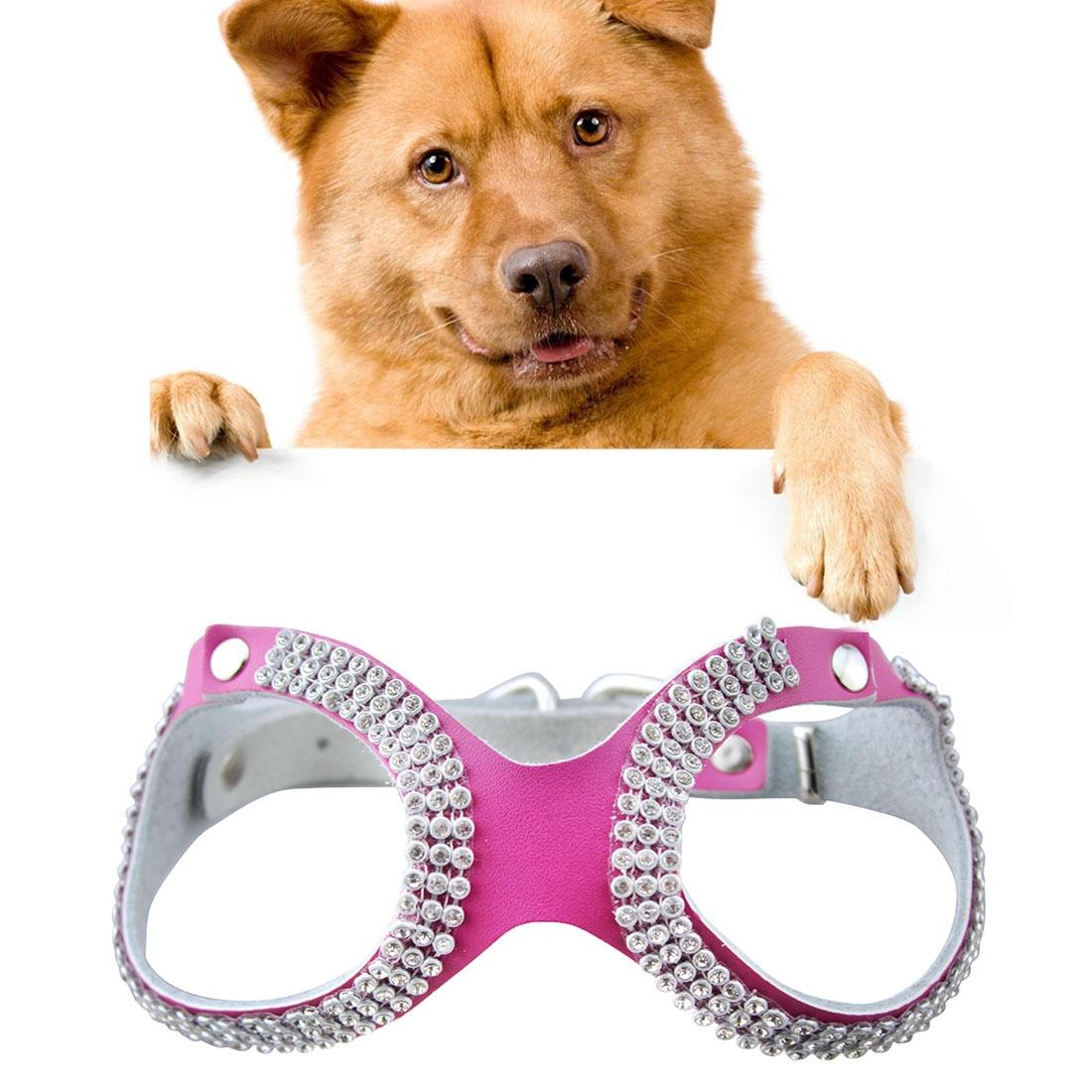 sparklepaw rhinestone dog harness breathable leather chest strap for small dogs, magenta