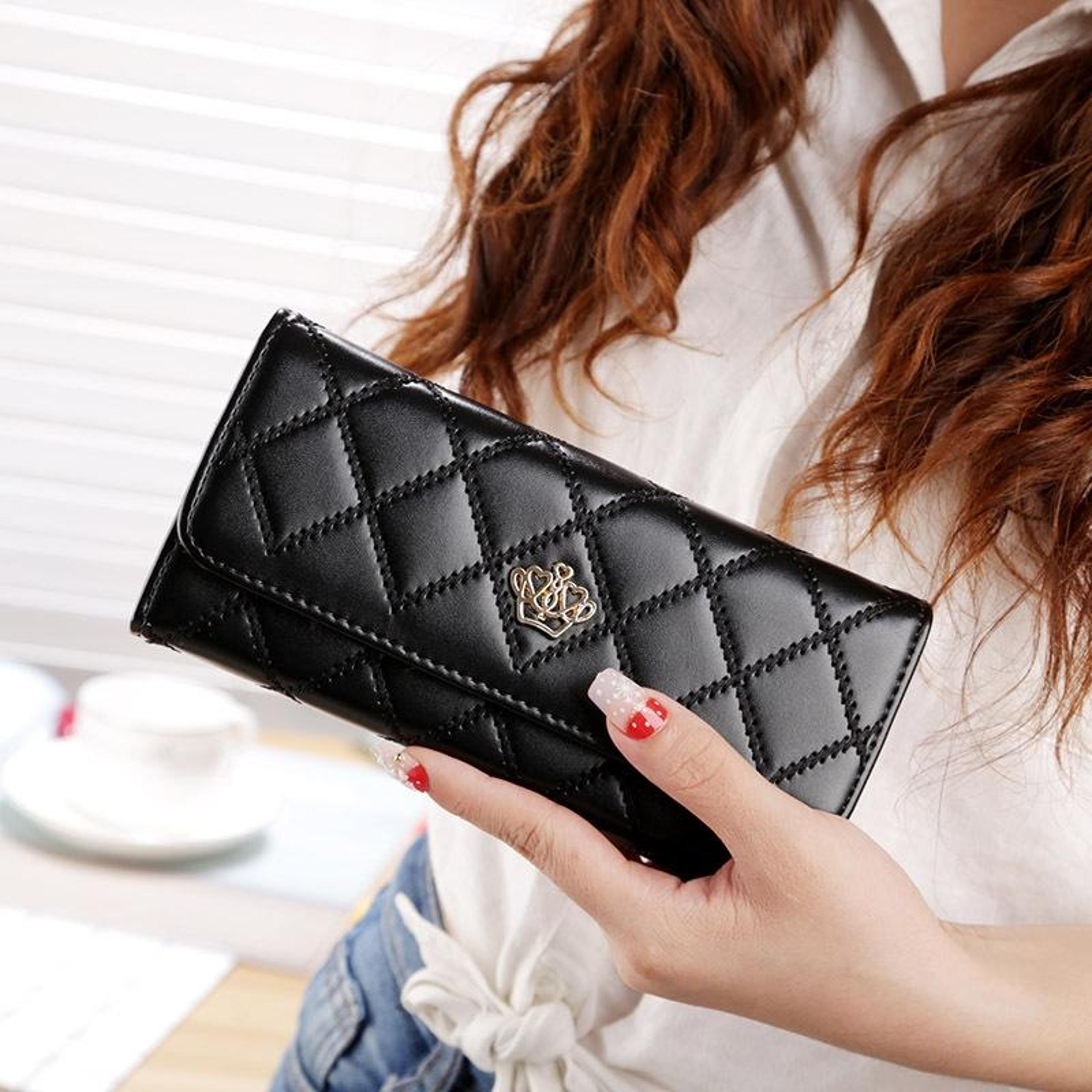 fashion argyle pu leather women long trifold wallet with metal crown coin purse