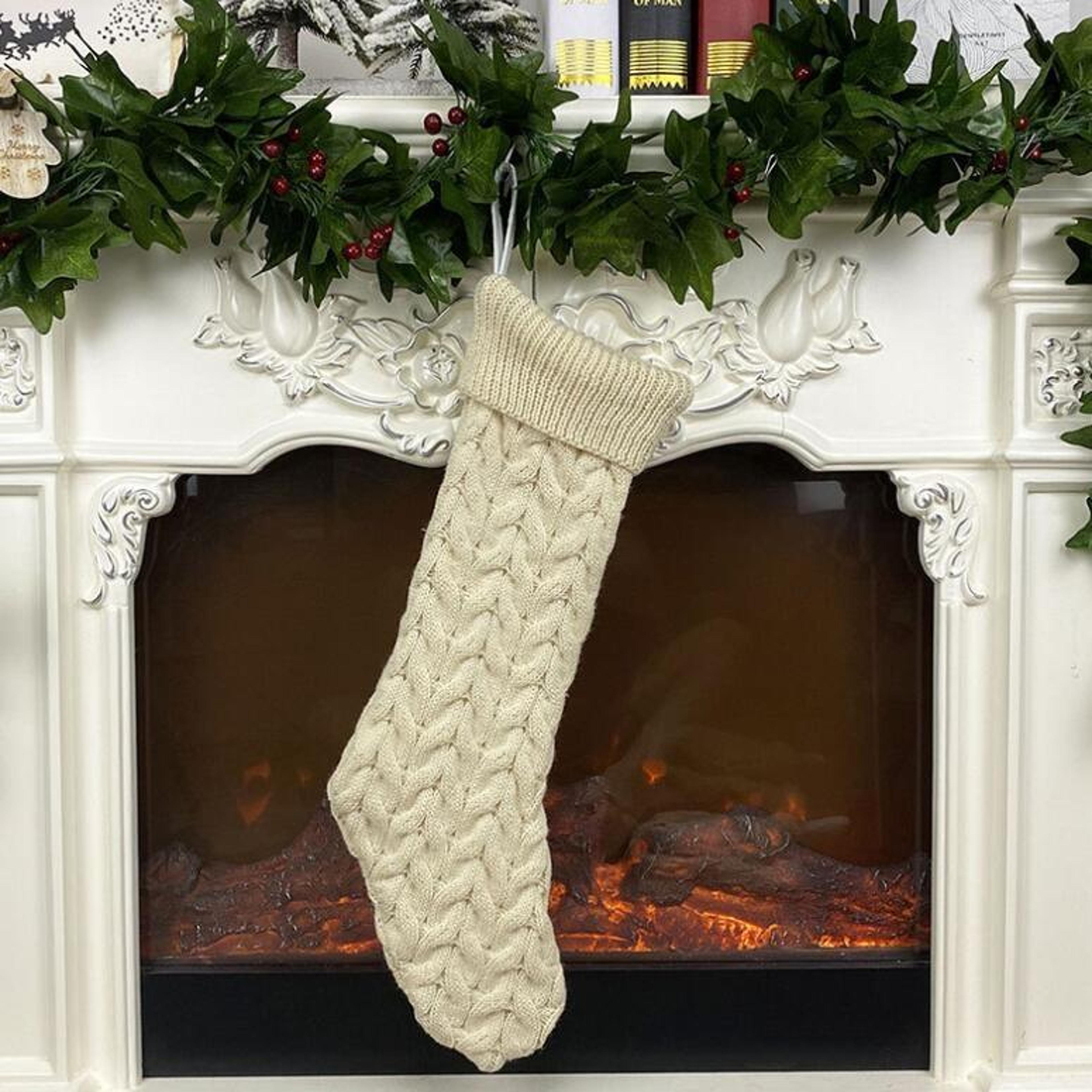 knitted christmas stocking gift bag ornament beige wool holiday decor