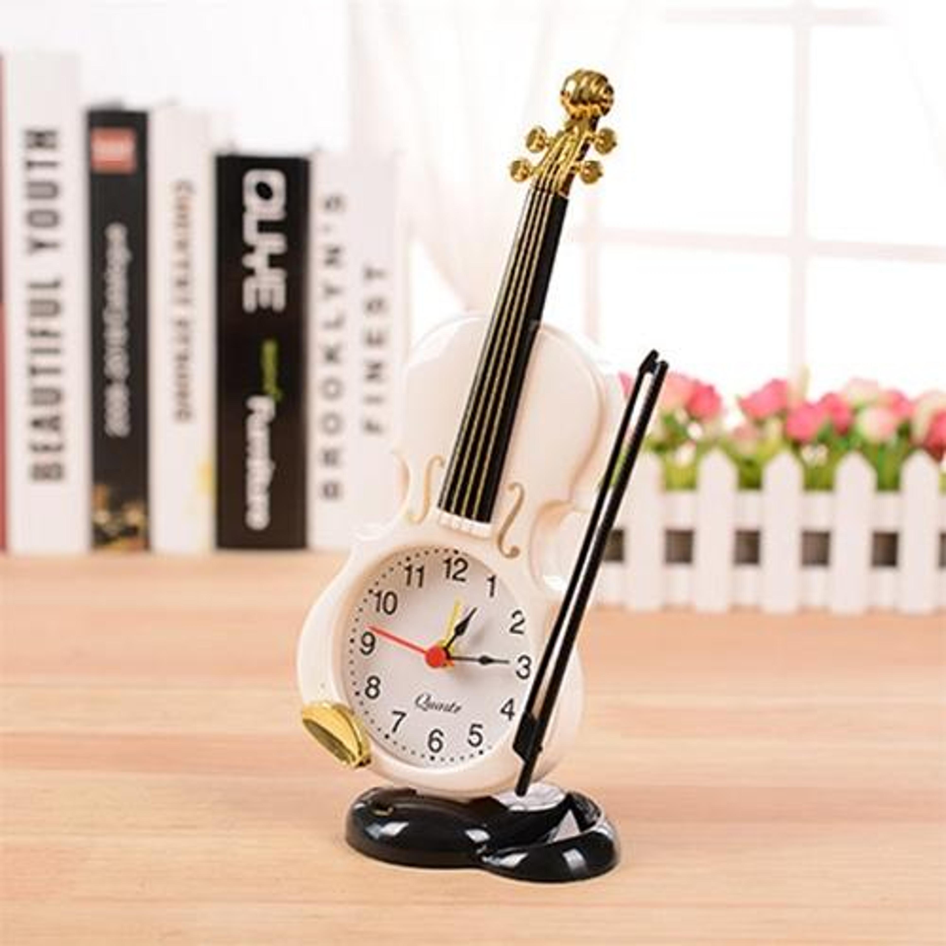 violin desk alarm clock with pen holder decorative analog bedside clock