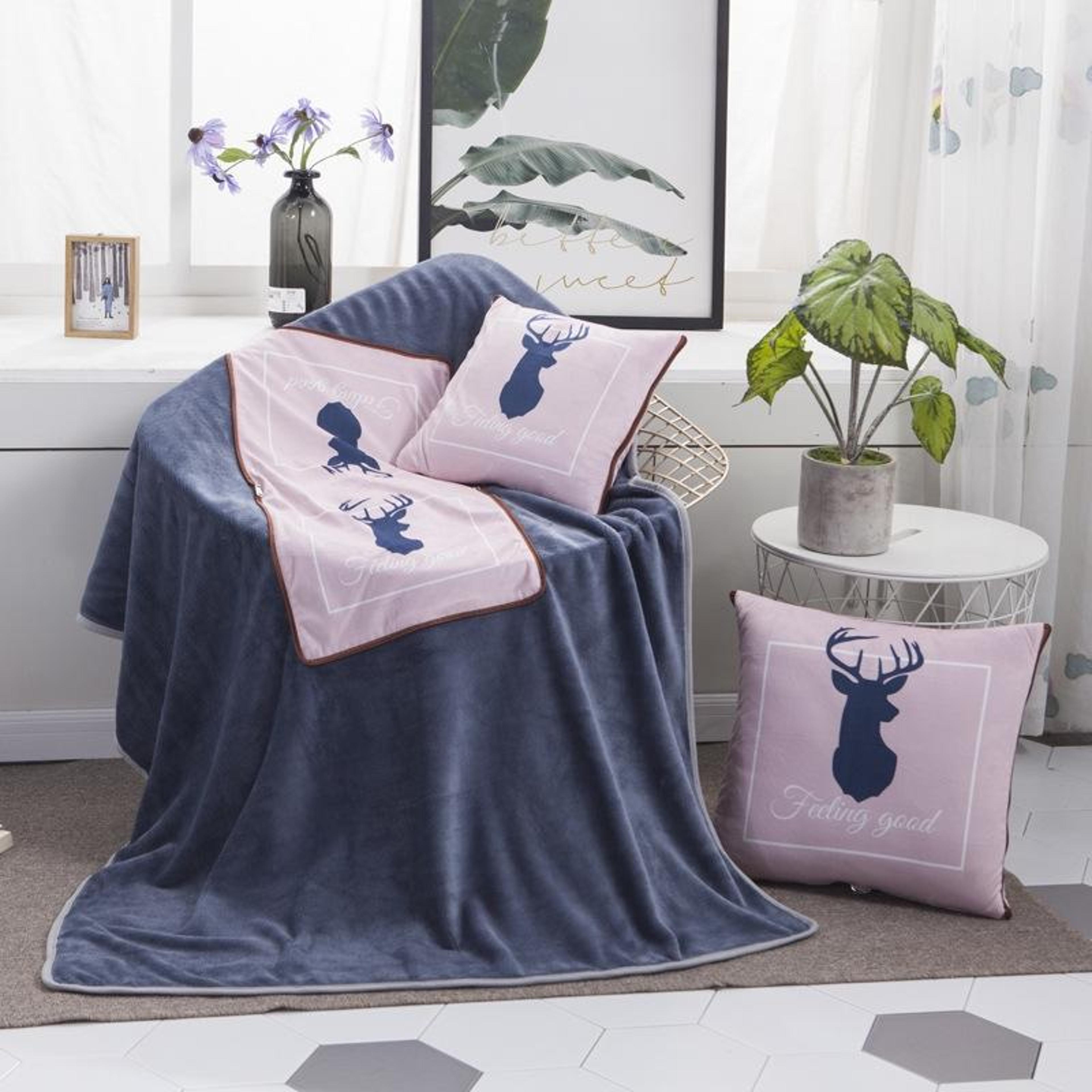 pink deer plush blanket pillow 2 in 1 cozy throw cushion