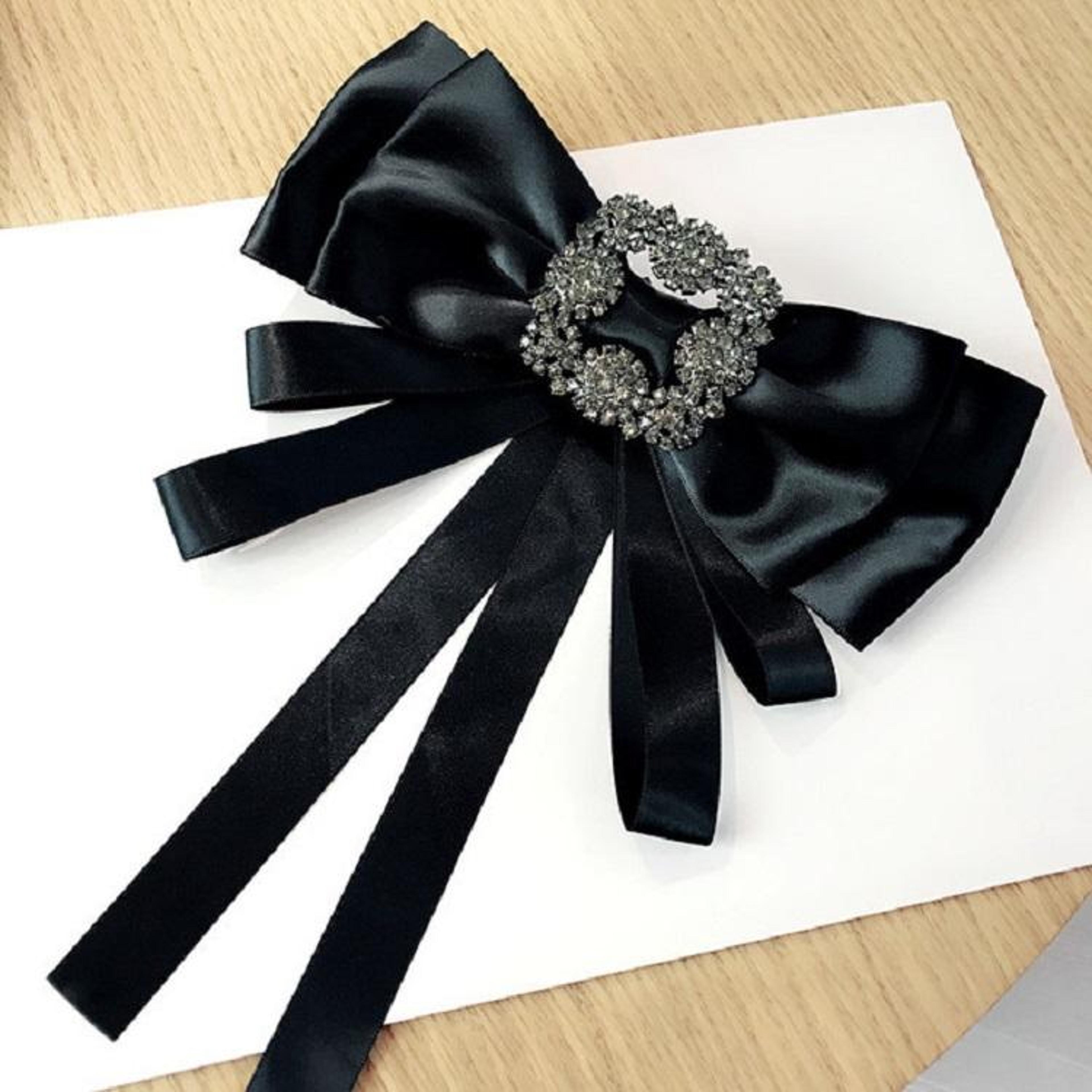 vintage satin bow brooch with rhinestones elegant women's dress & lapel pin