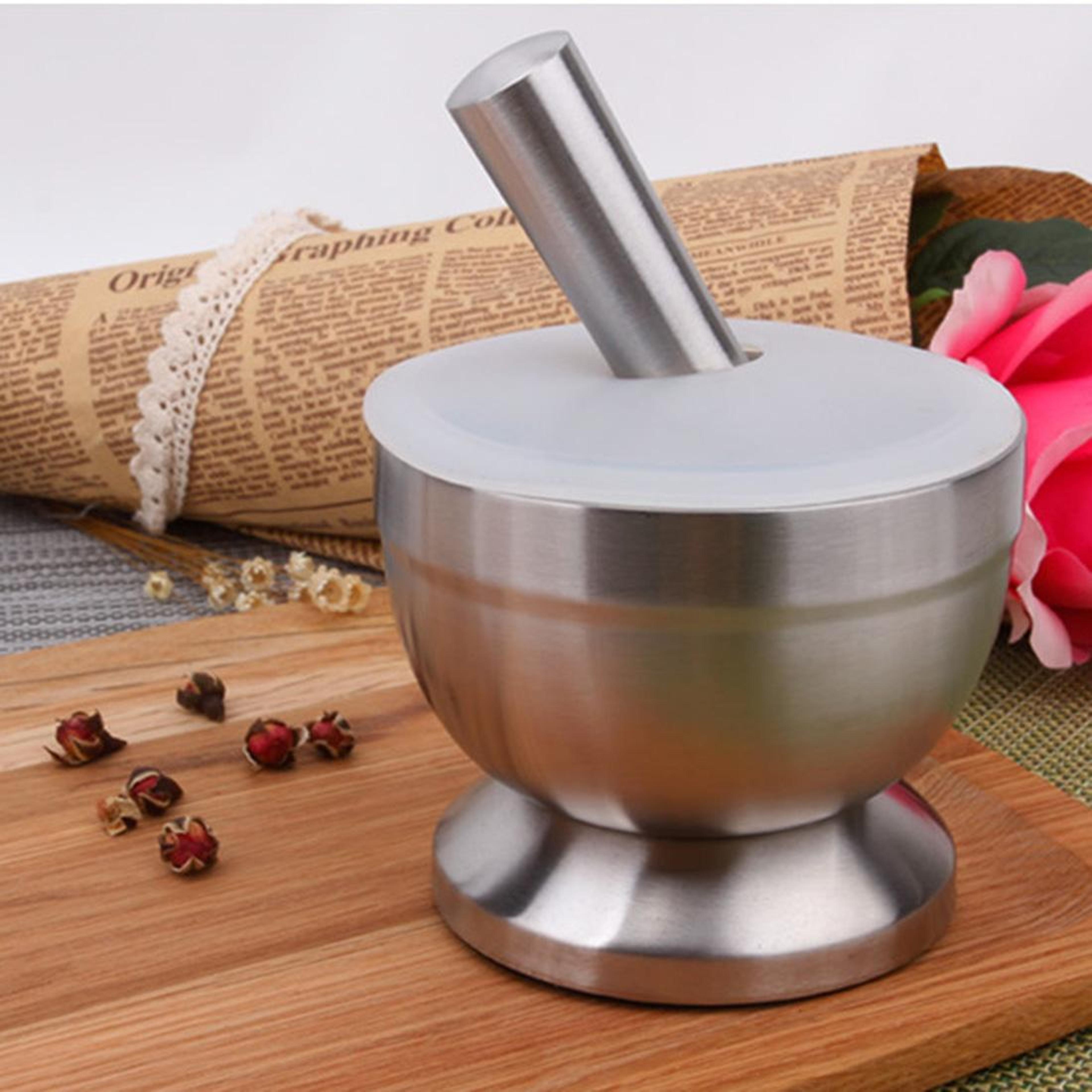 premium stainless steel mortar and pestle with cover non slip garlic mortar grinding bowl