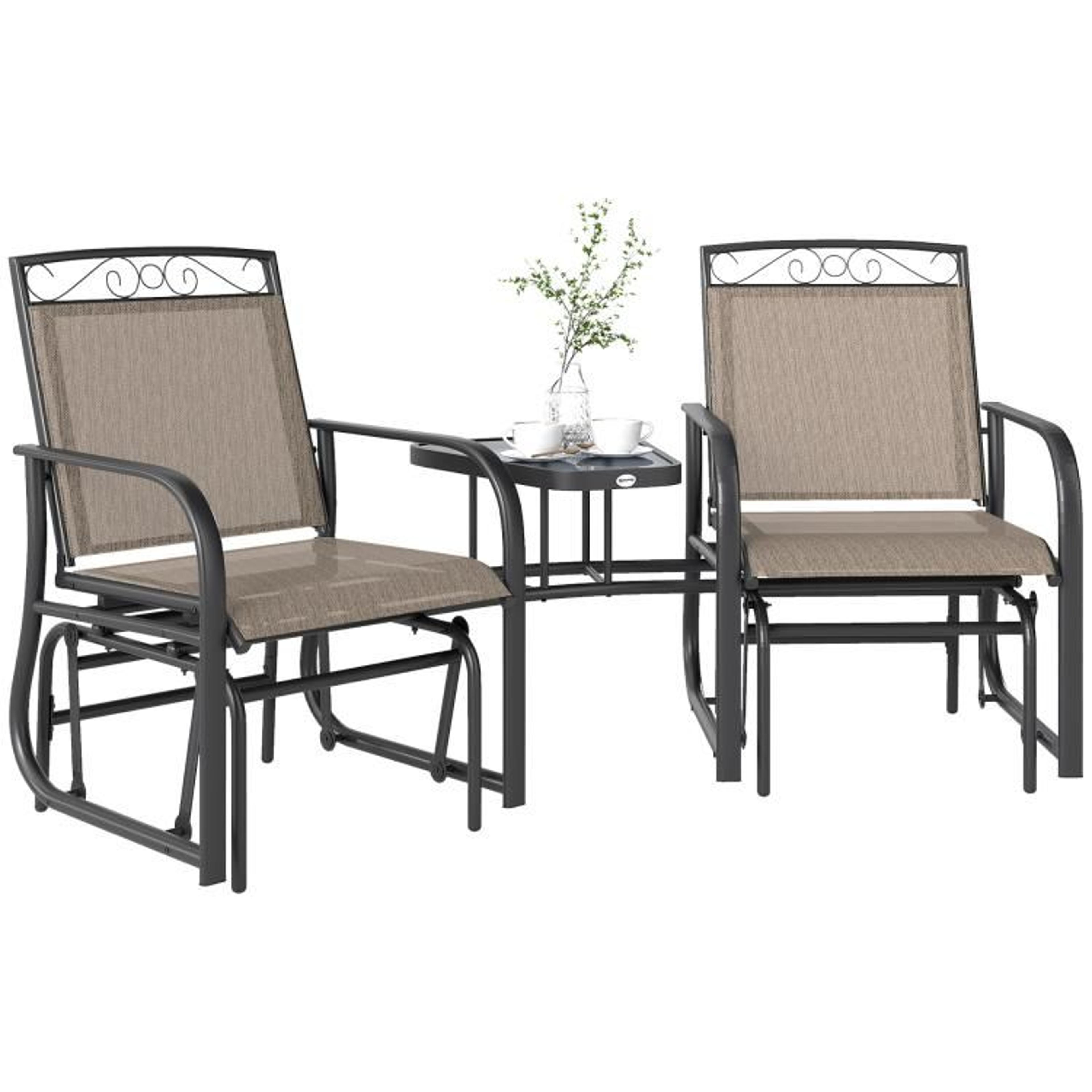 outdoor glider chair set with 2 independent rocking seats and center table brown