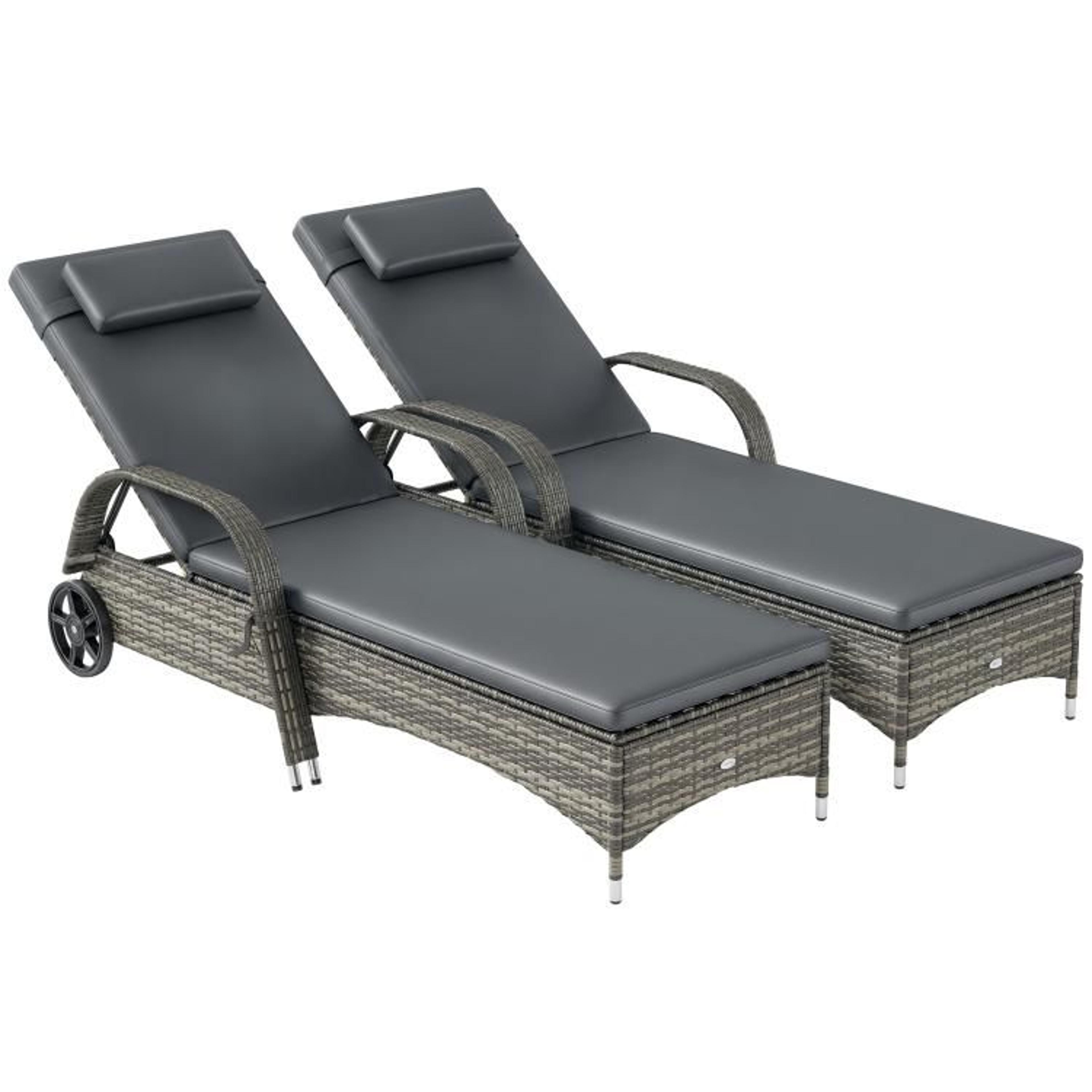 set of 2 outdoor reclining chaise lounge chairs with cushions and wheels gray