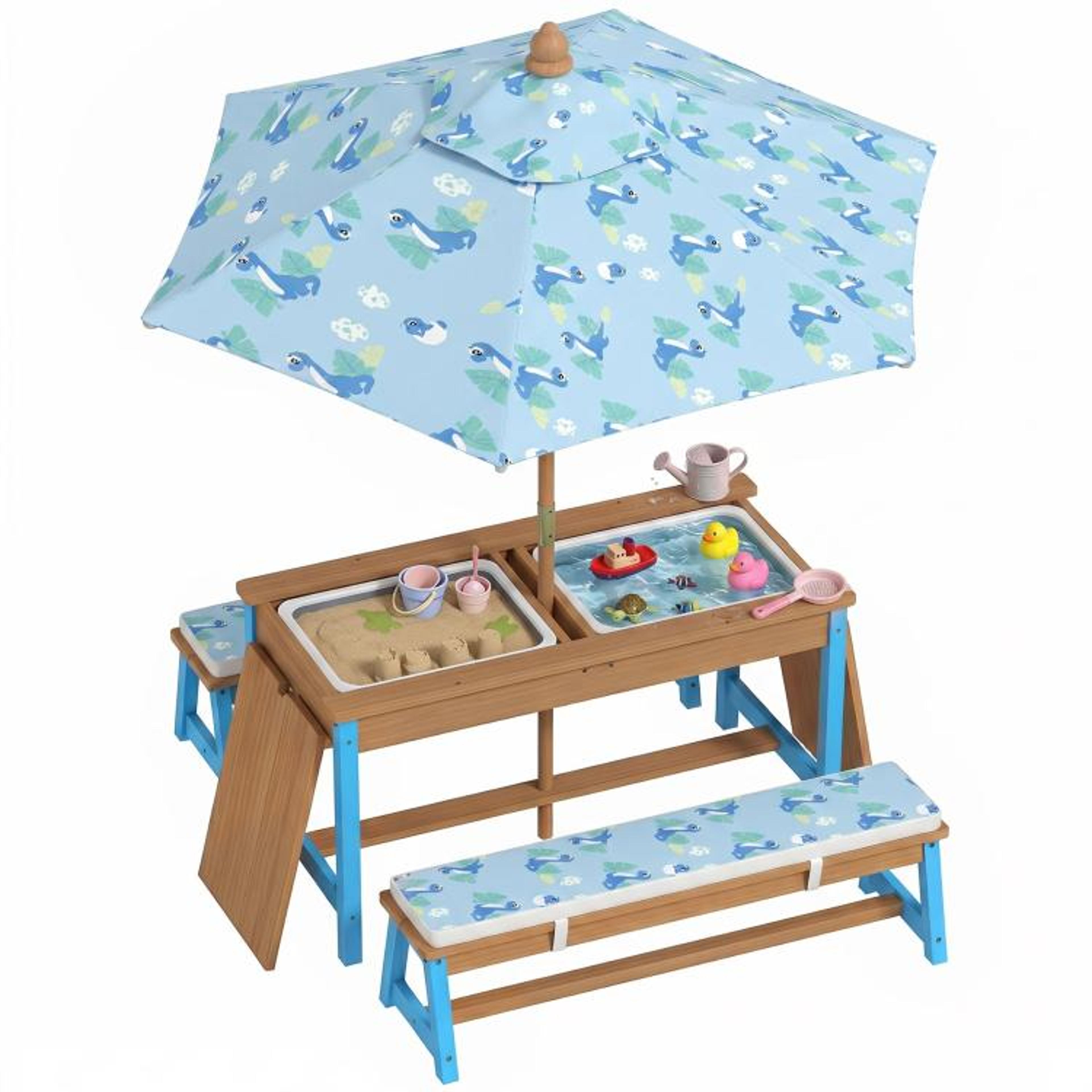 kids outdoor picnic table set with dinosaur umbrella and storage boxes blue