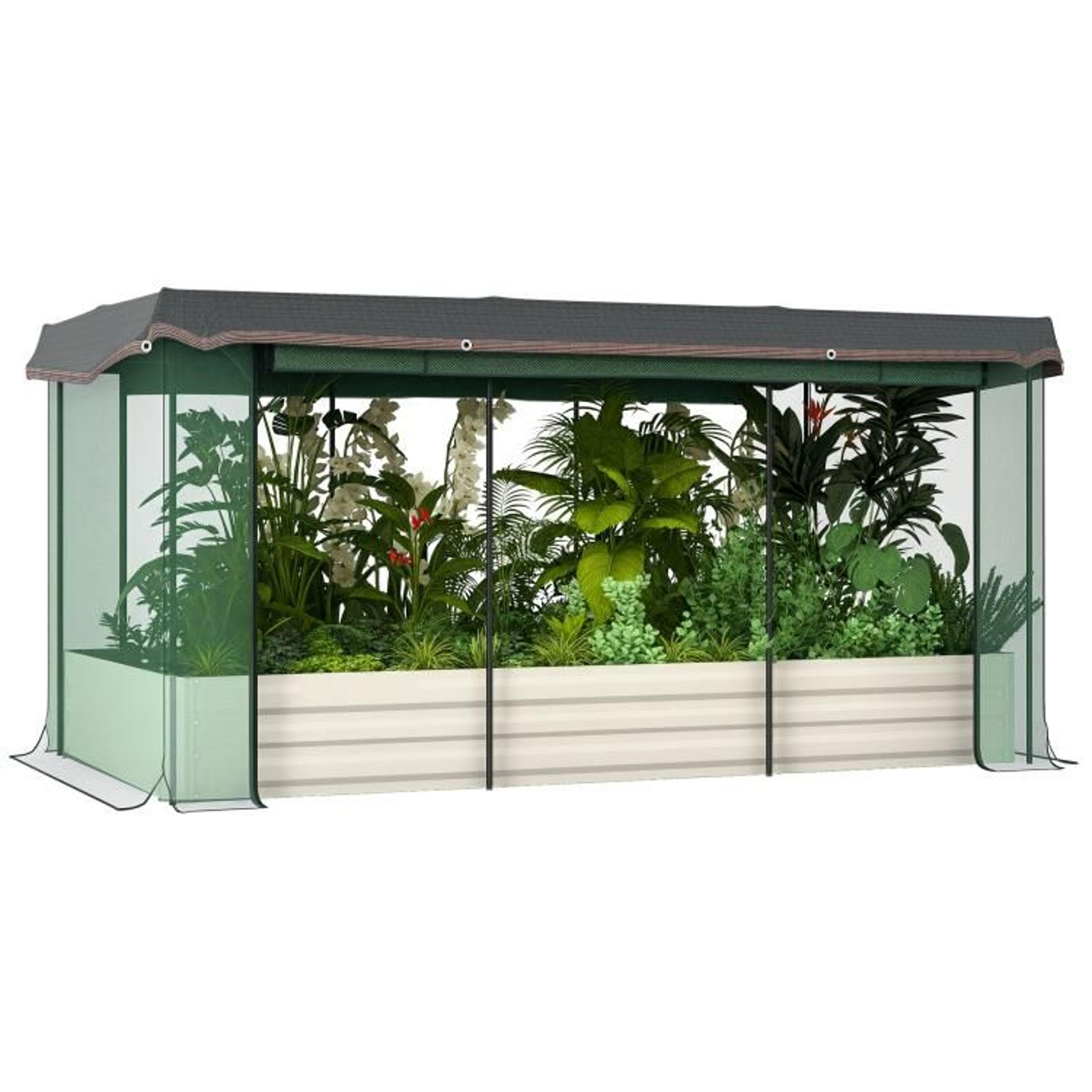 galvanized steel raised garden bed with crop cage and 60% shade cloth beige