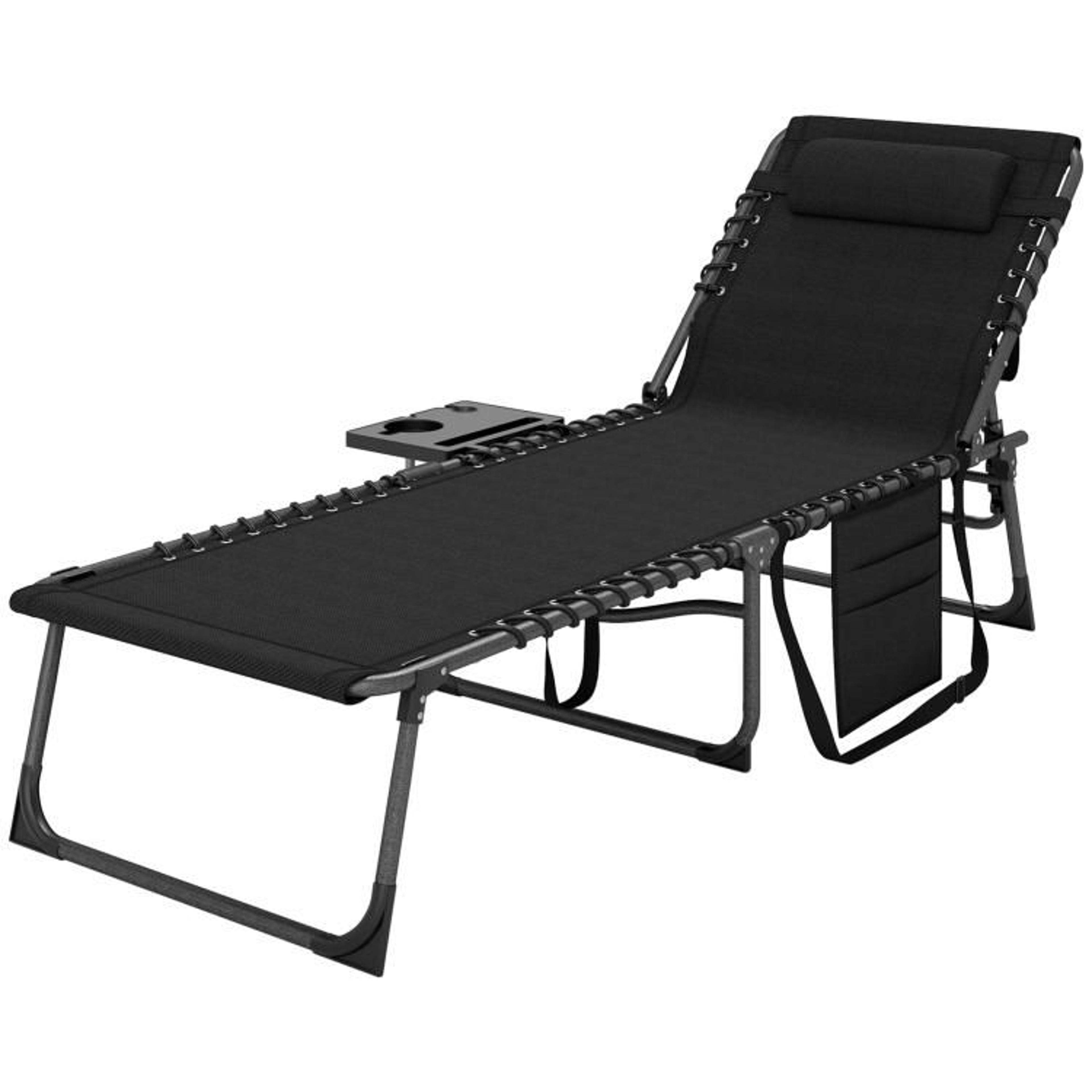folding outdoor chaise lounge chair with adjustable backrest and side table