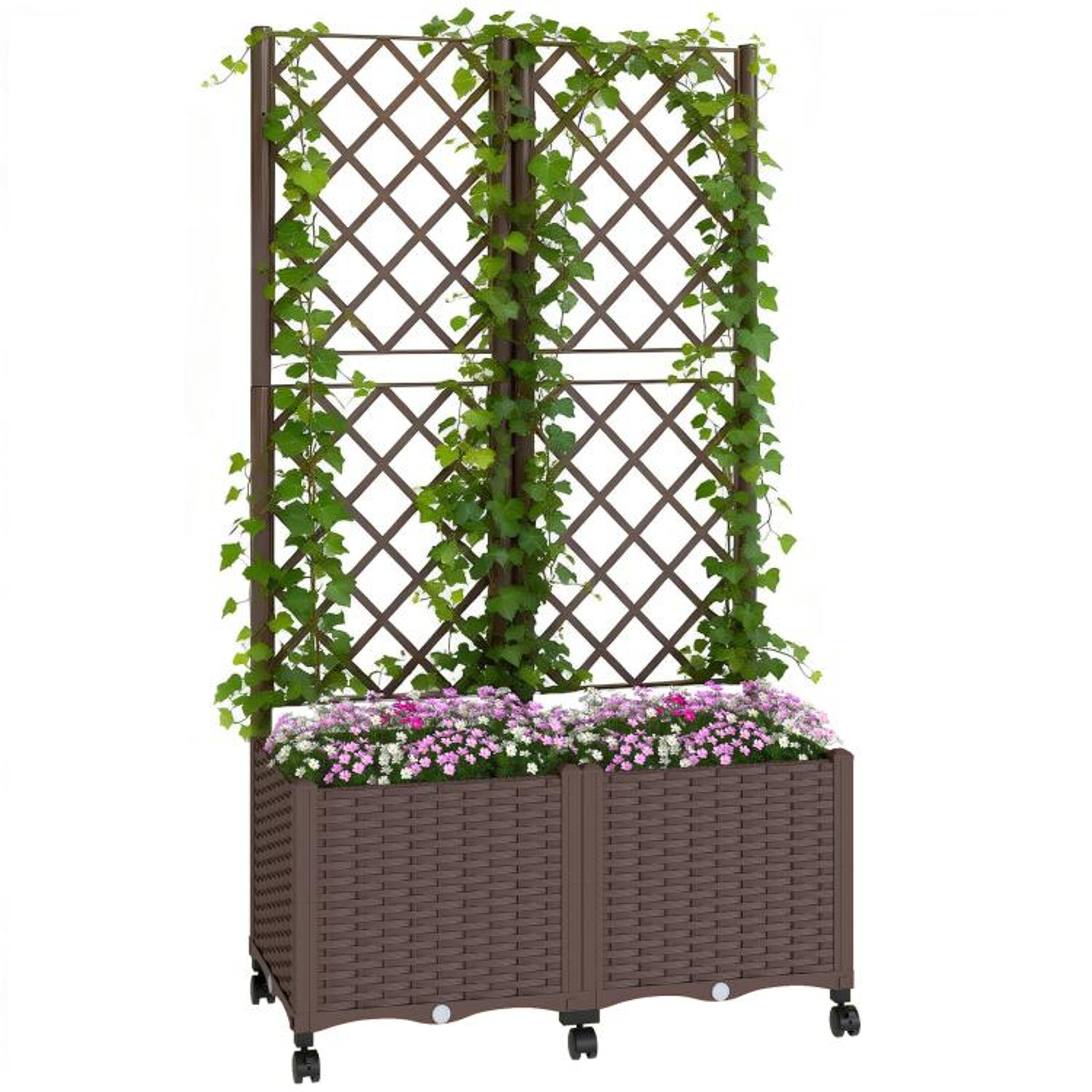 self watering planter box with trellis and lockable wheels