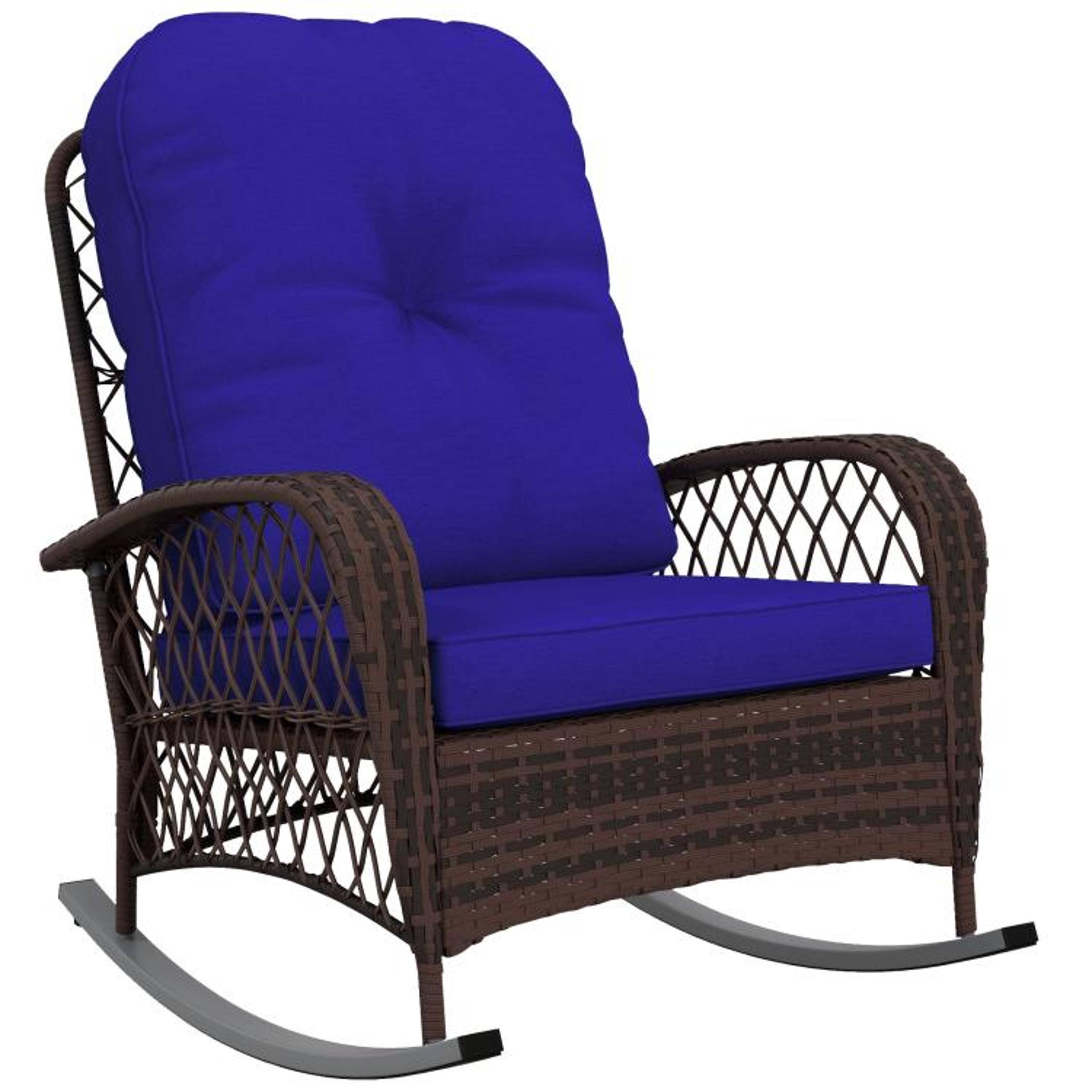 outdoor rattan rocking chair with plush dark blue cushion