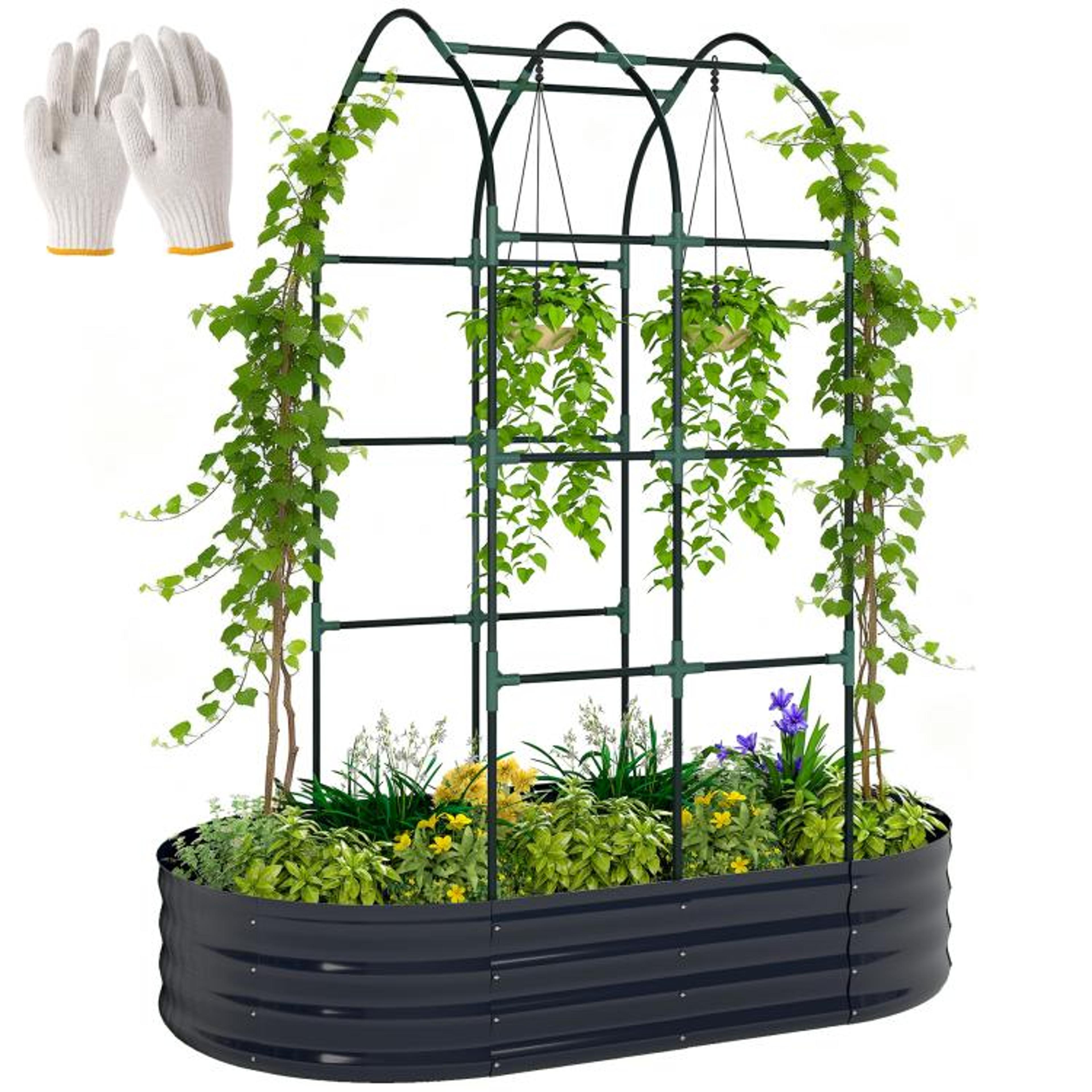 galvanized raised garden bed with arched trellis and open bottom dark gray