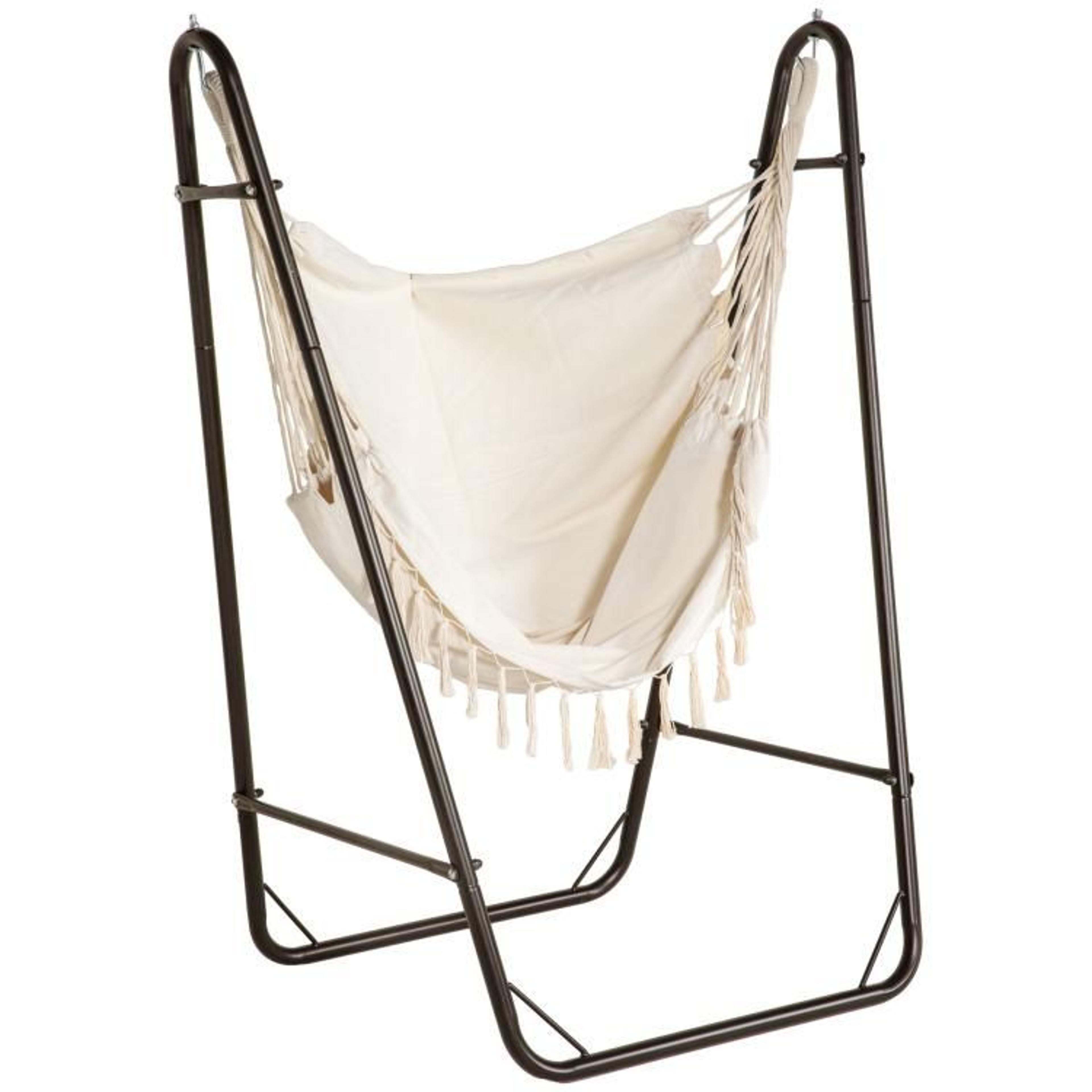 hammock swing chair with u-shaped stand and side pocket brown & cream white