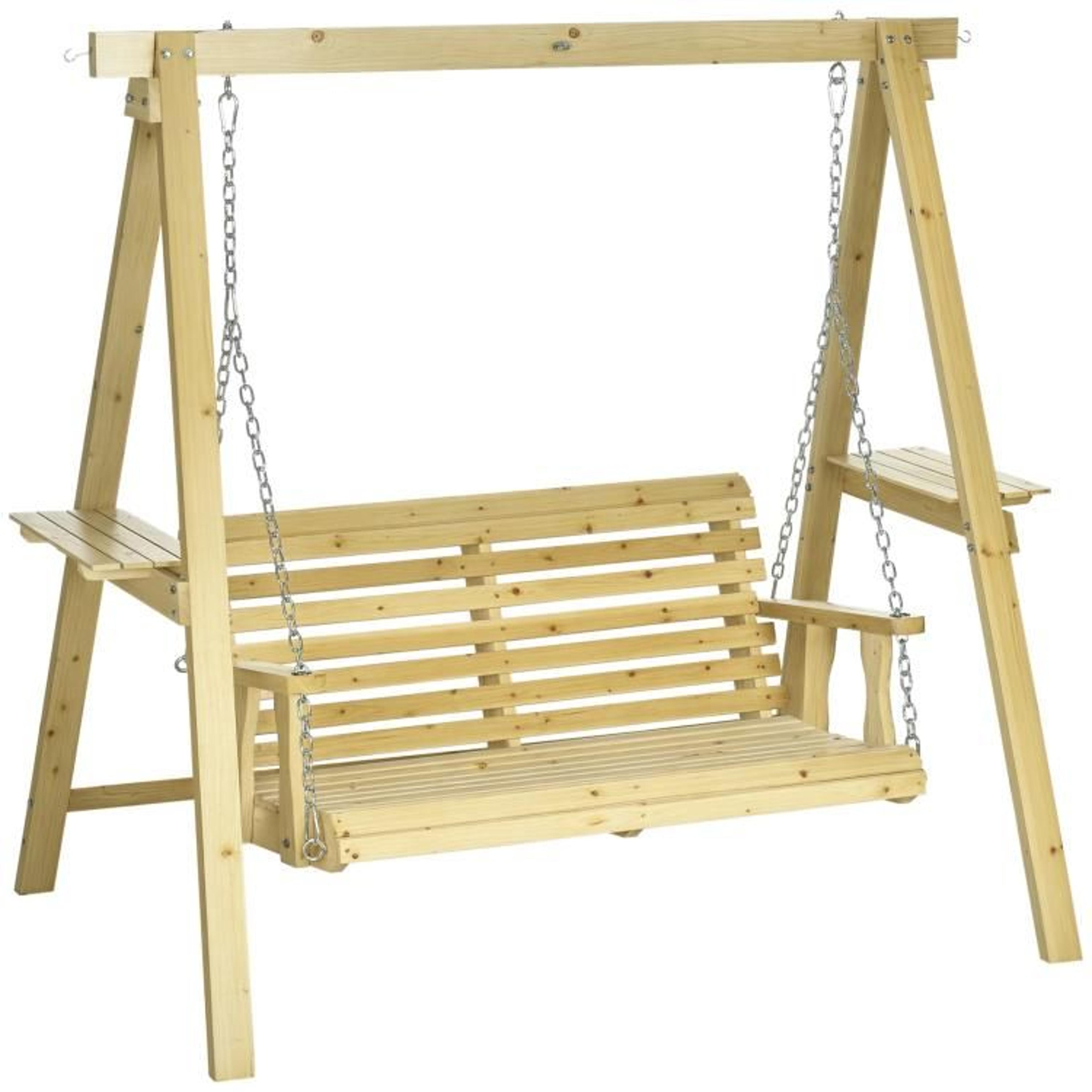 2-person wooden porch swing with stand and side tables