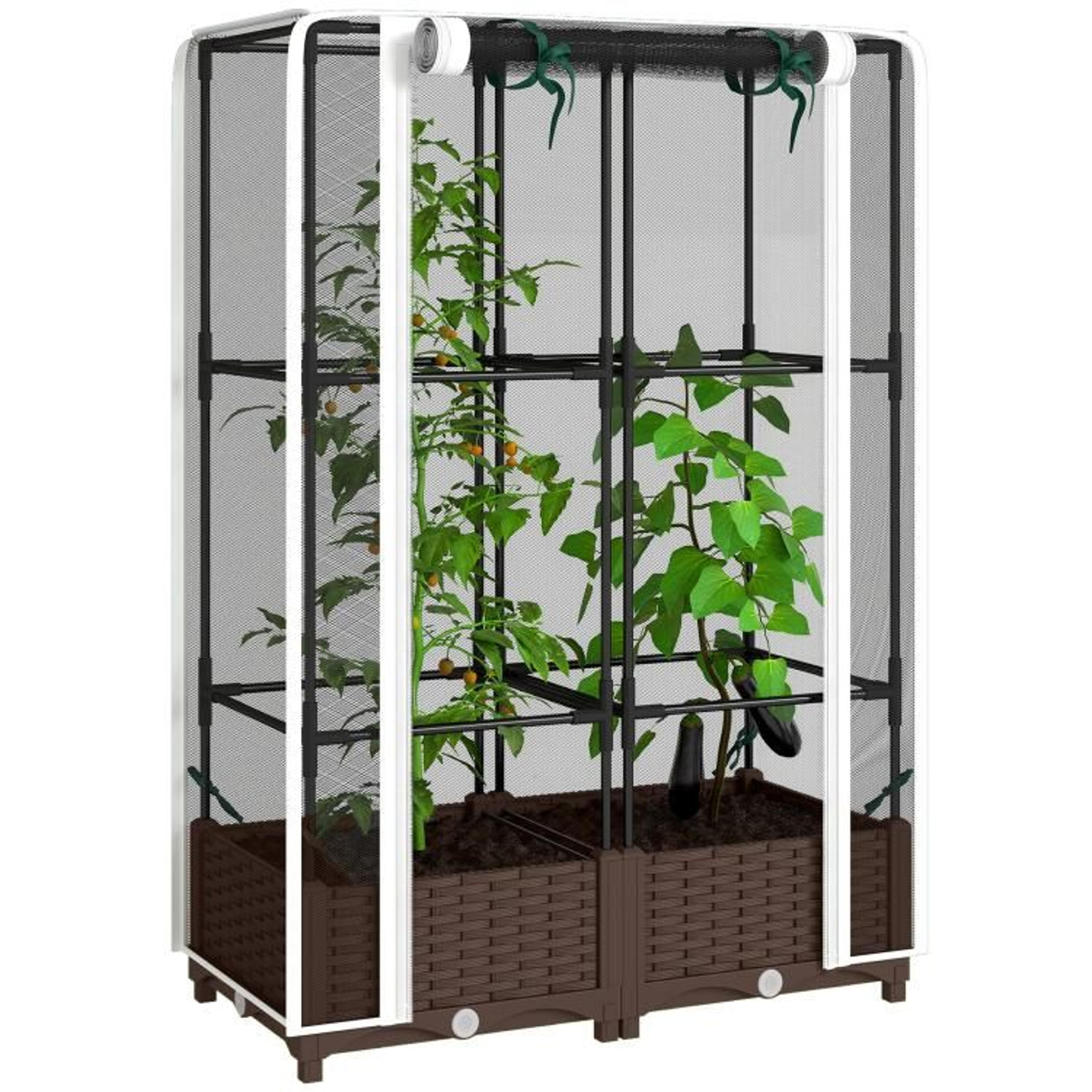 raised garden bed with trellis and self-watering planter box with crop cage white