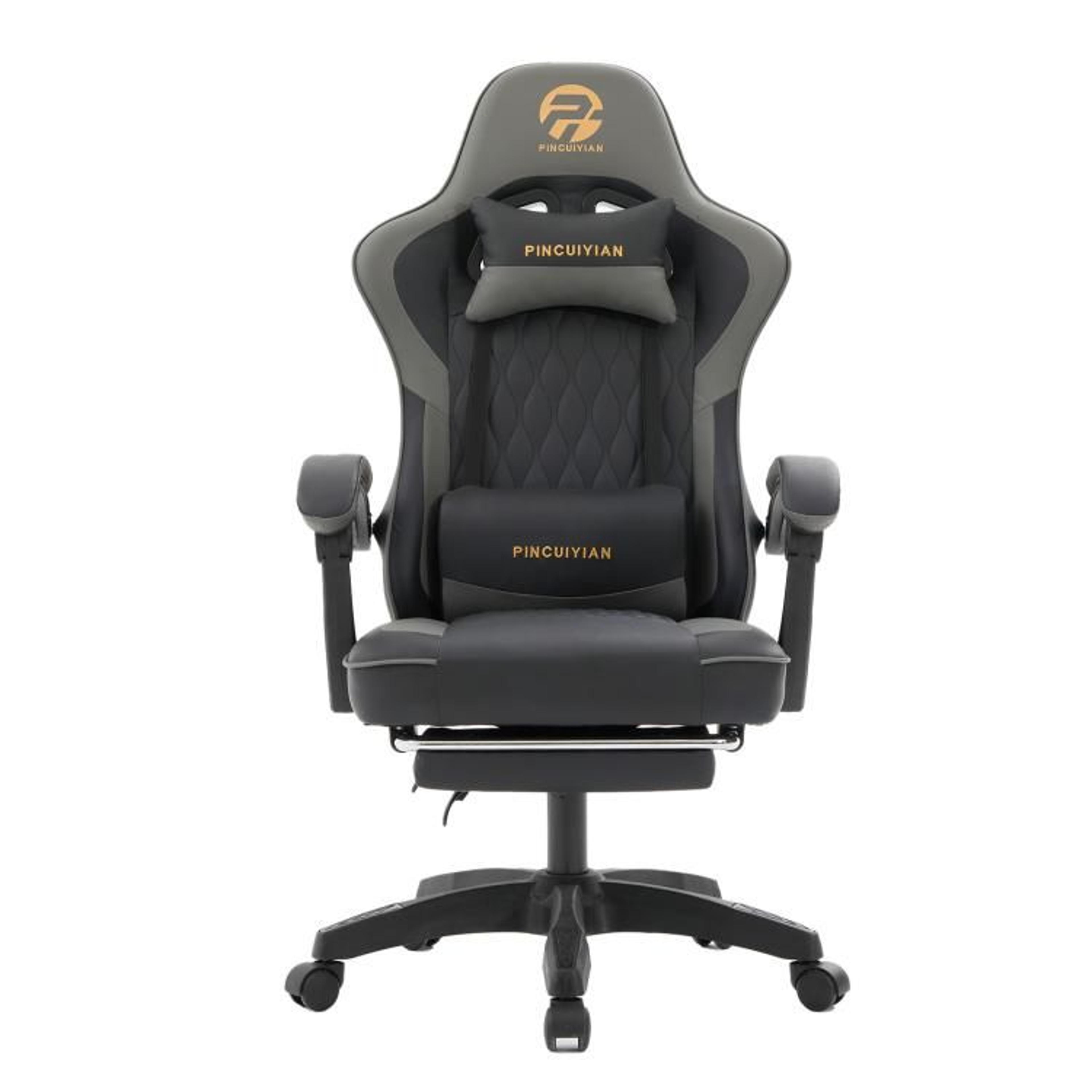 ergonomic gaming chair with footrest and lumbar support in gray