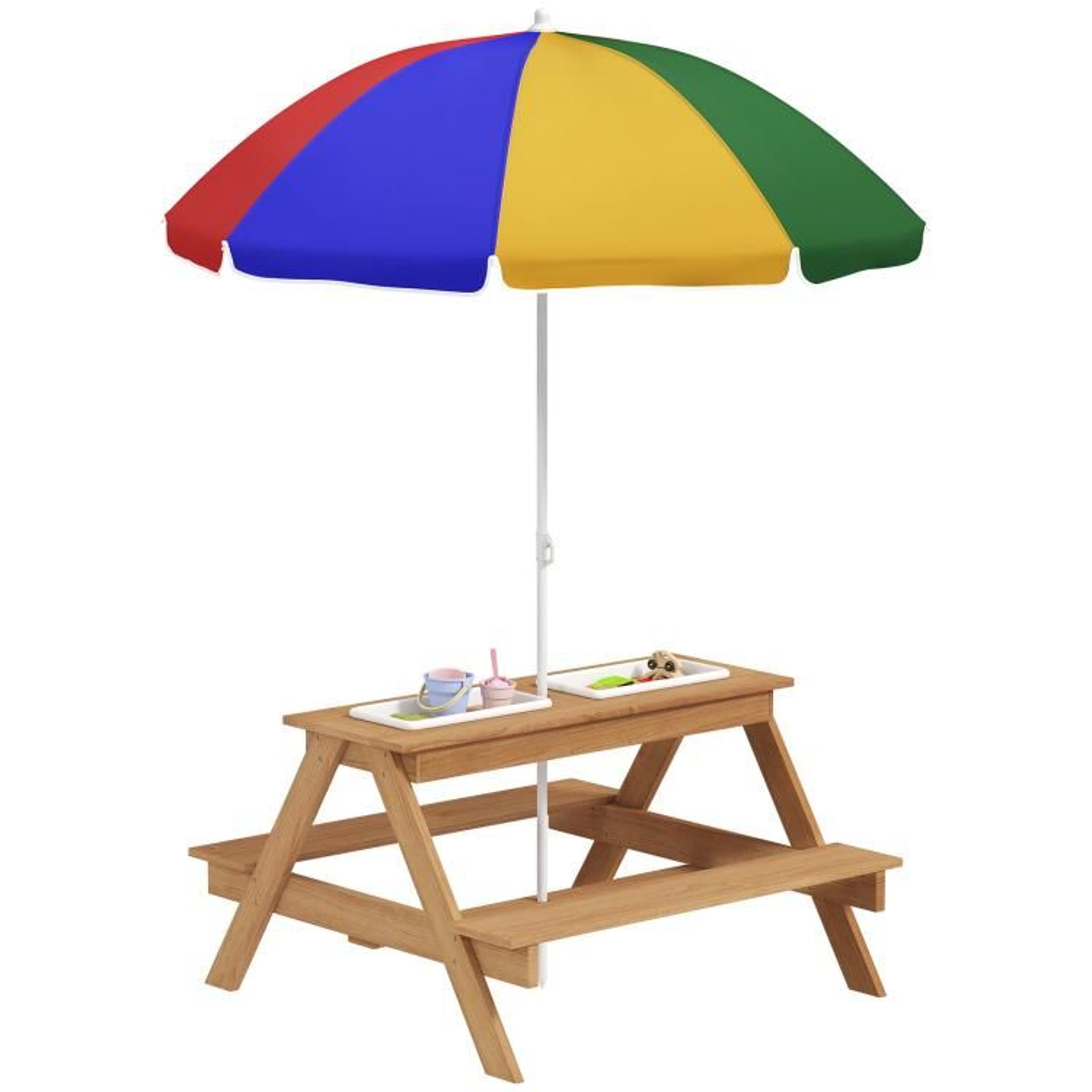 wooden kids outdoor picnic table with sand and water bins and removable umbrella