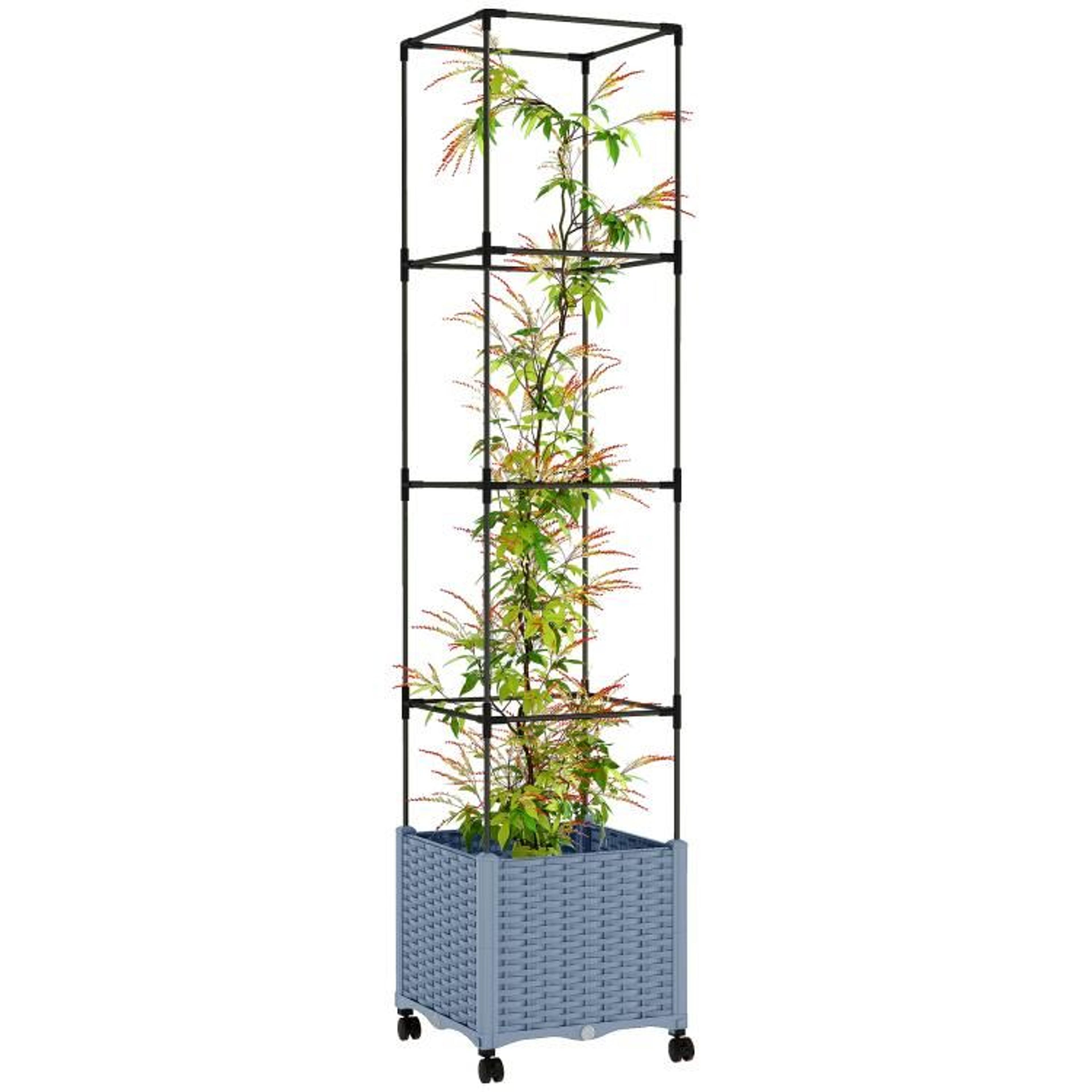 raised garden bed with trellis and self-watering planter box on lockable wheels