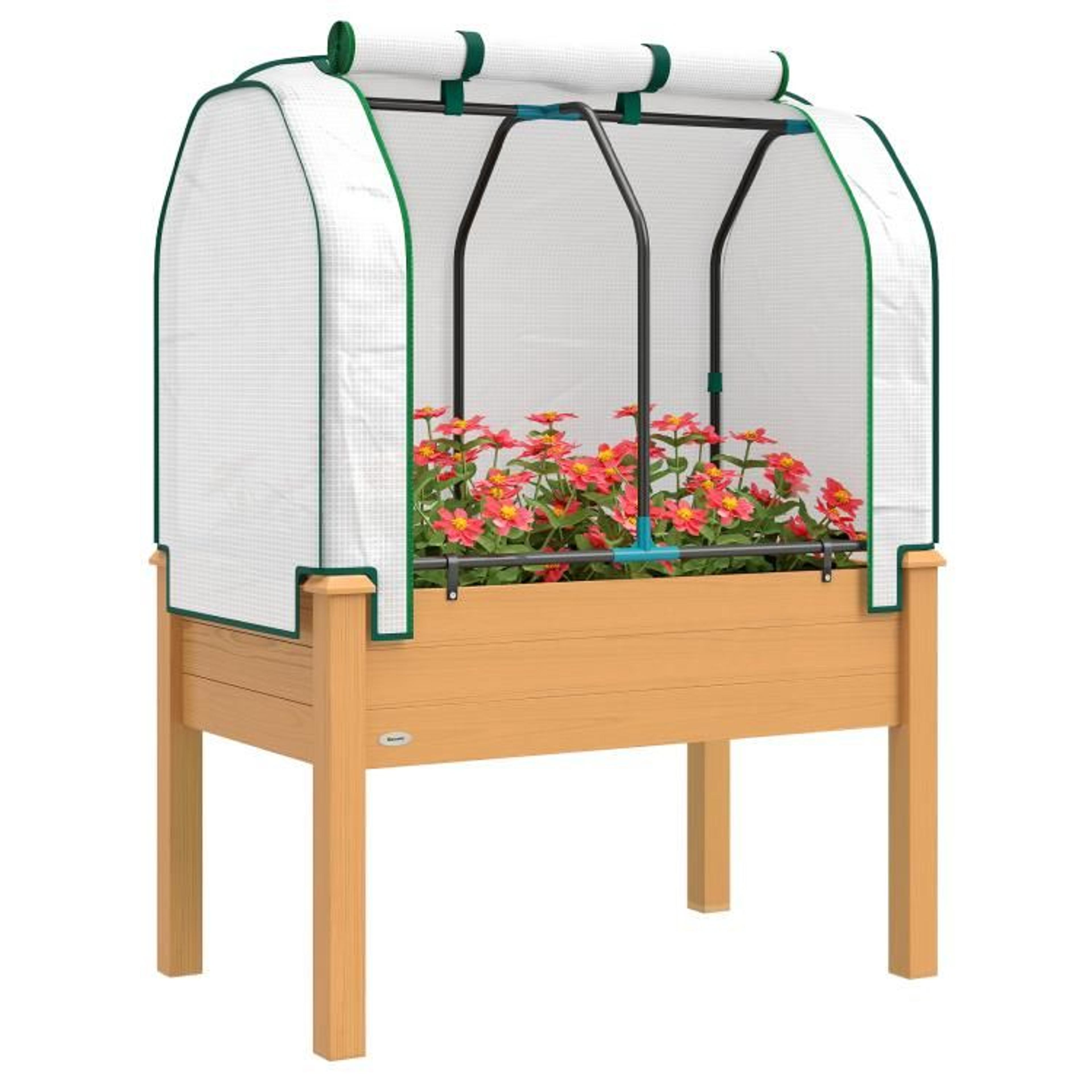 raised garden bed with greenhouse cover and elevated planter box sand