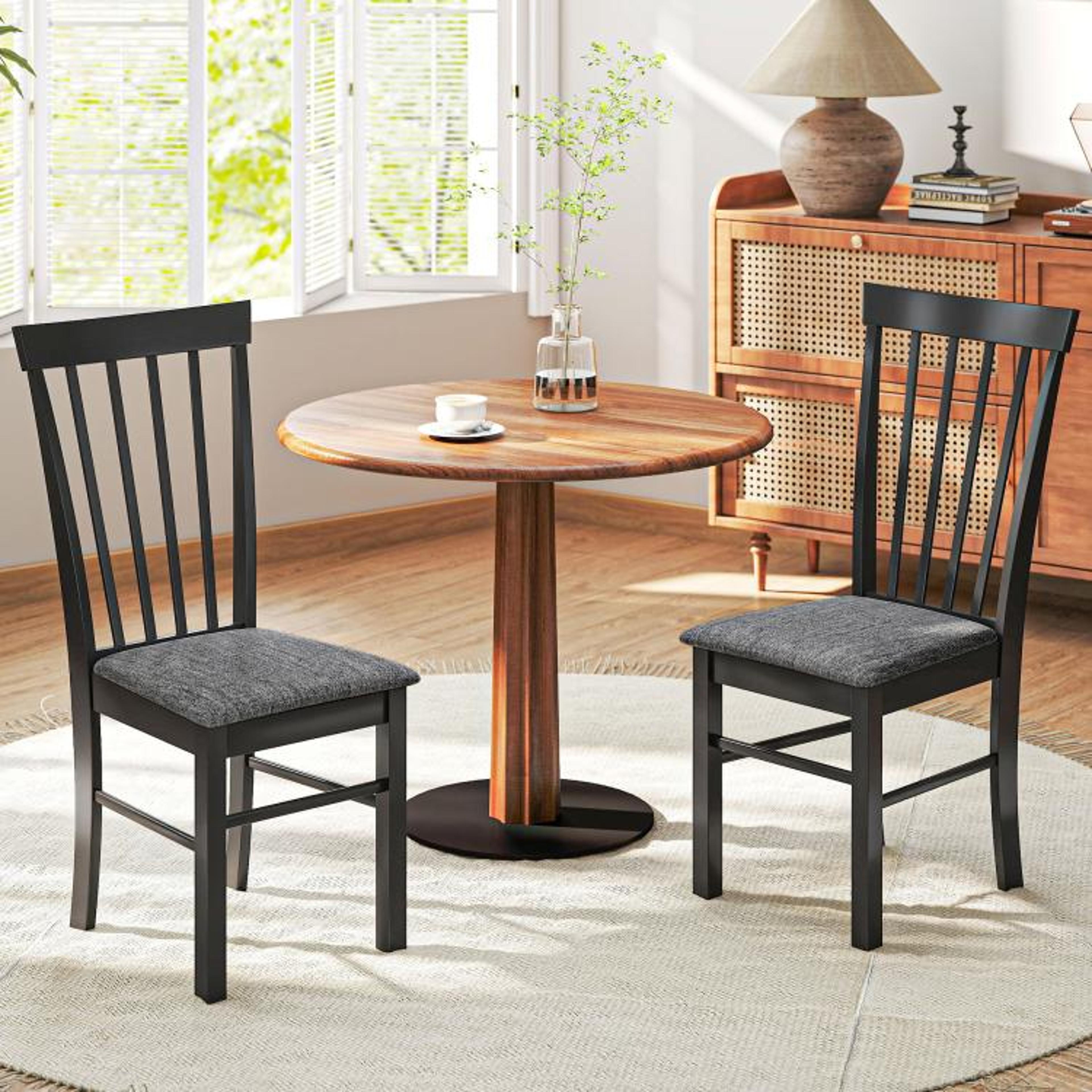 farmhouse wooden dining chairs set of 2 with upholstered seats black and gray