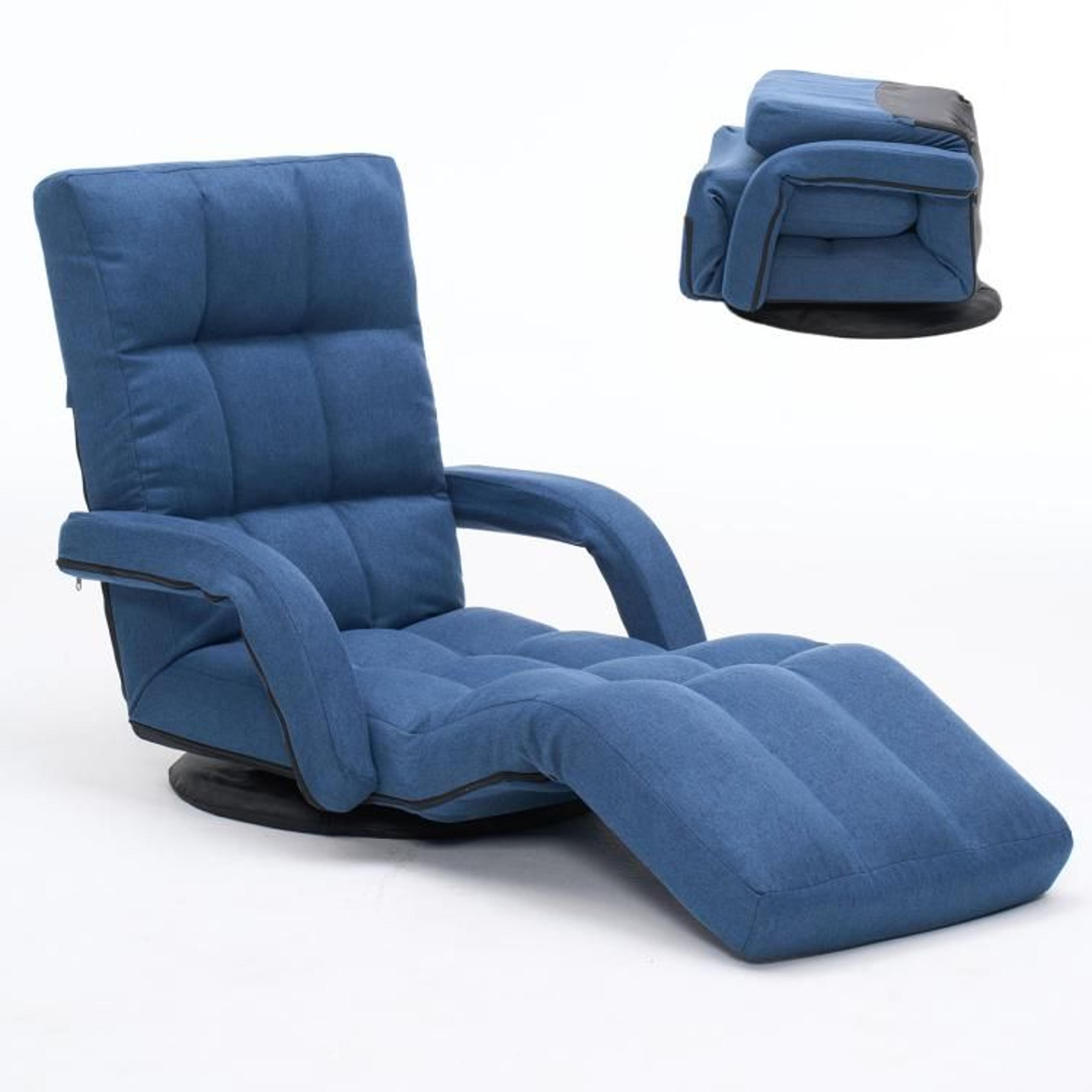 360° swivel floor chair with adjustable footrest and 14-position recline