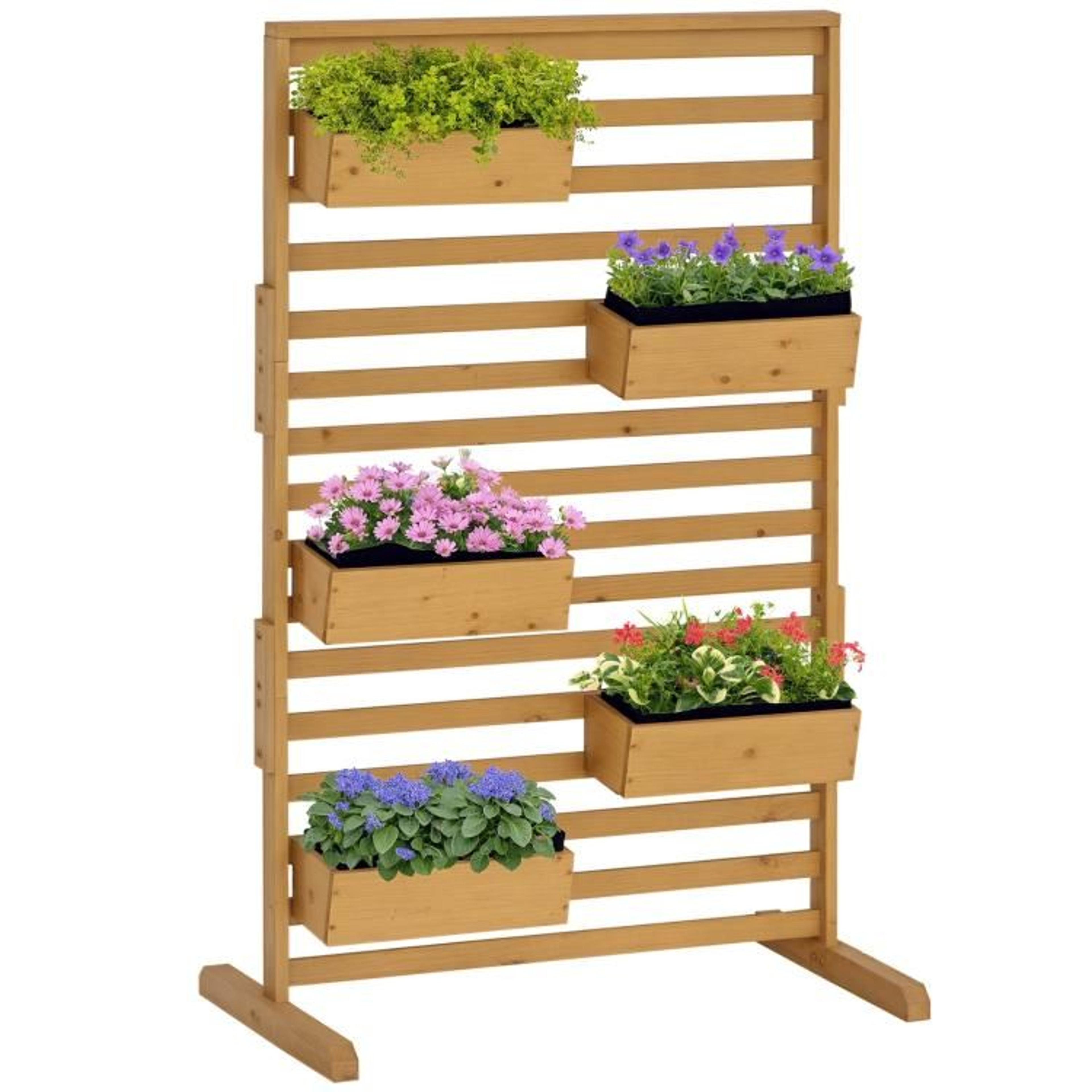 wooden plant trellis stand with 5 hanging planter boxes for patio and garden