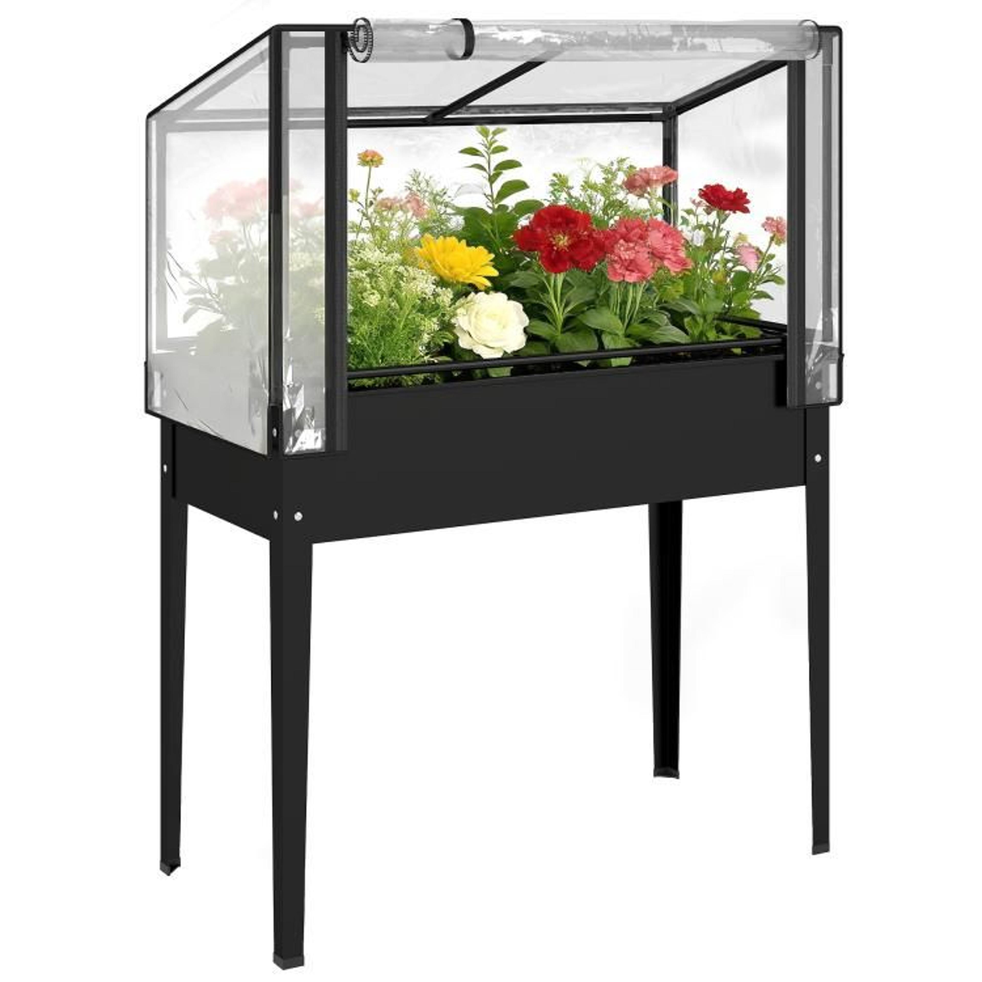 elevated raised garden bed with flip-up greenhouse cover and drainage hole
