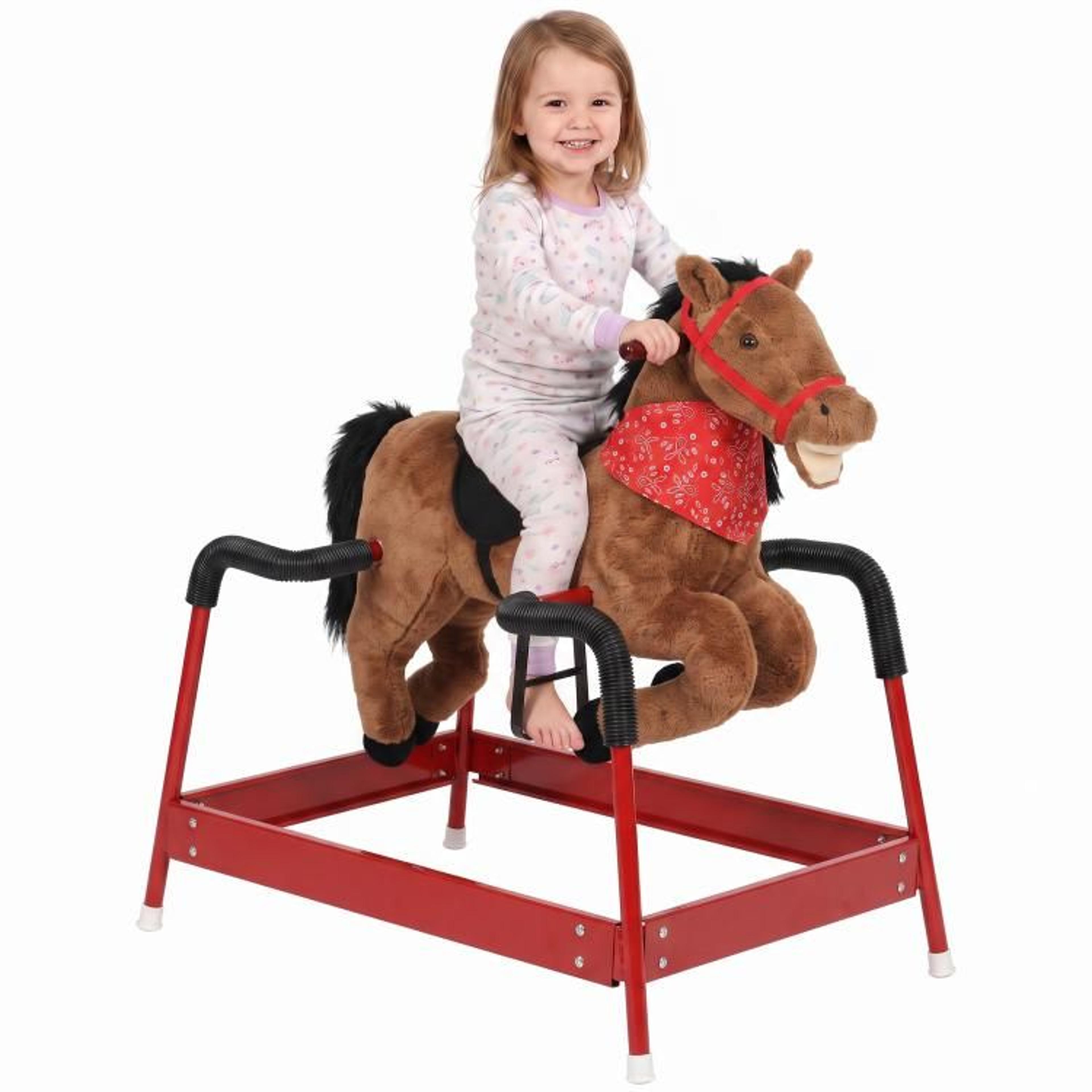 kids spring rocking horse with neighing sounds brown plush ride-on toy
