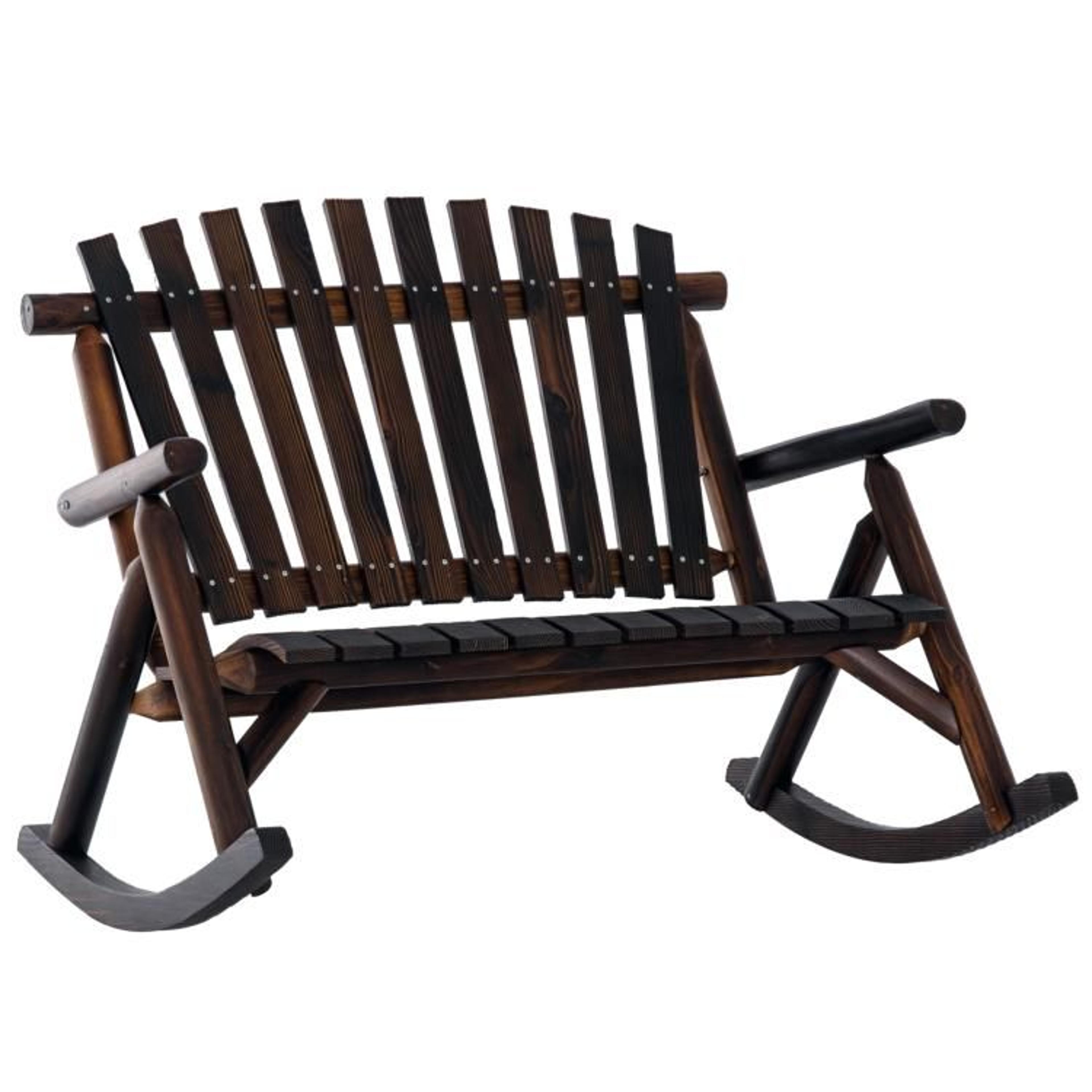 outdoor wooden double rocking chair with adirondack slatted backrest