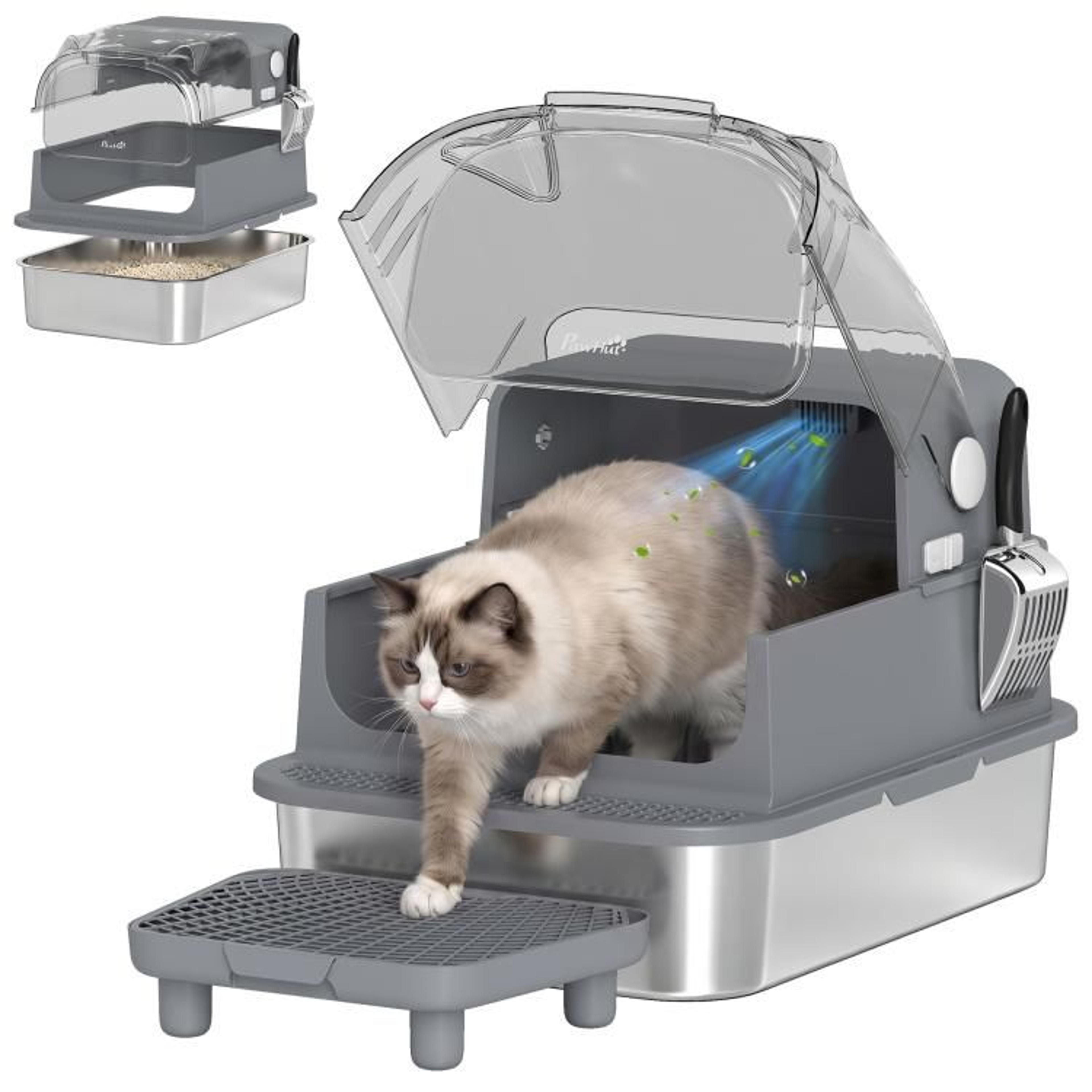 stainless steel cat litter box with flip-top lid and high sides