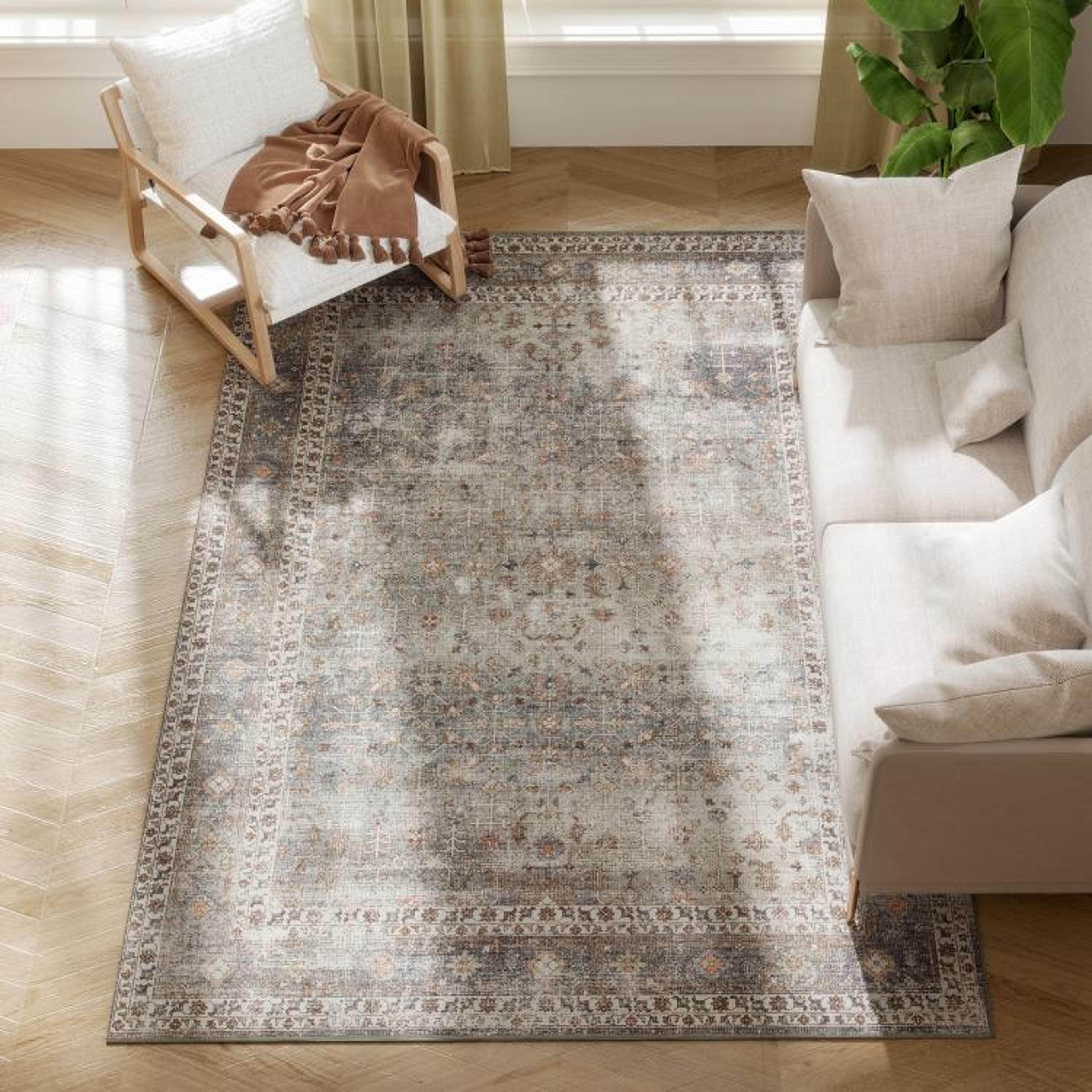 machine washable 5x7 area rug with non-slip backing in dark mixed-brown