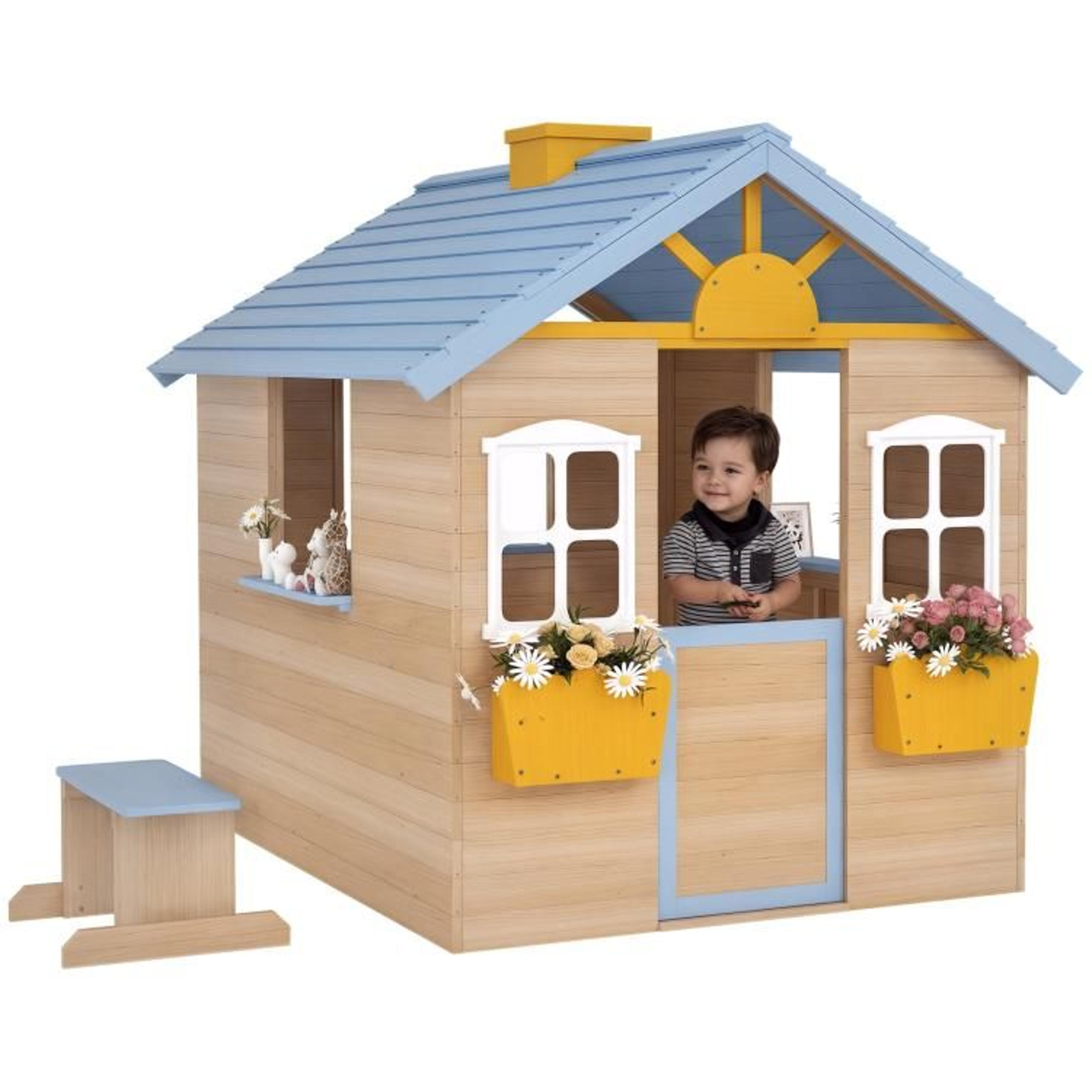 outdoor wooden playhouse for kids with bench and service station blue