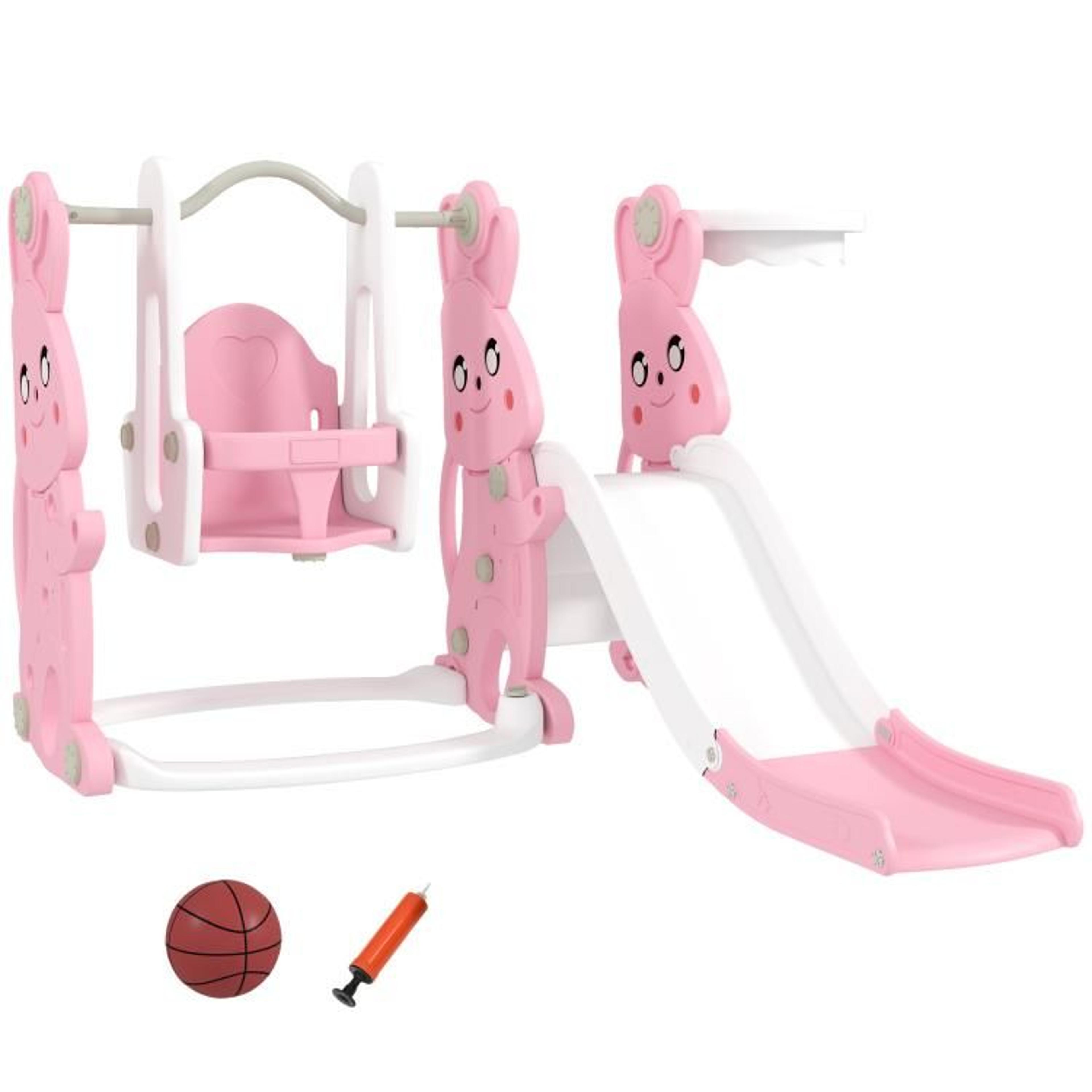 4-in-1 toddler slide and swing set with climber and basketball hoop pink rabbit design
