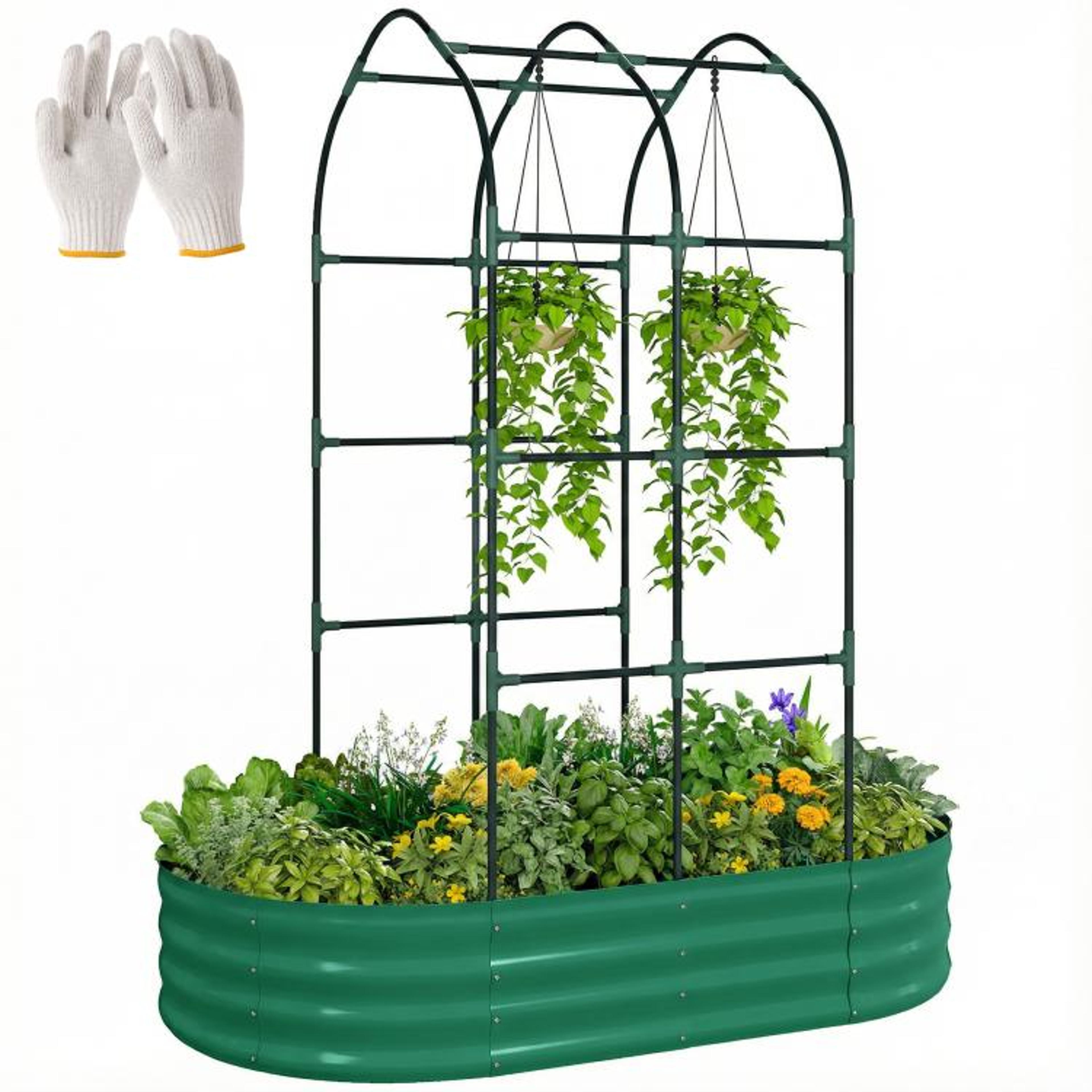 galvanized raised garden bed with arch trellis 5 x 3 x 6 ft green metal planter