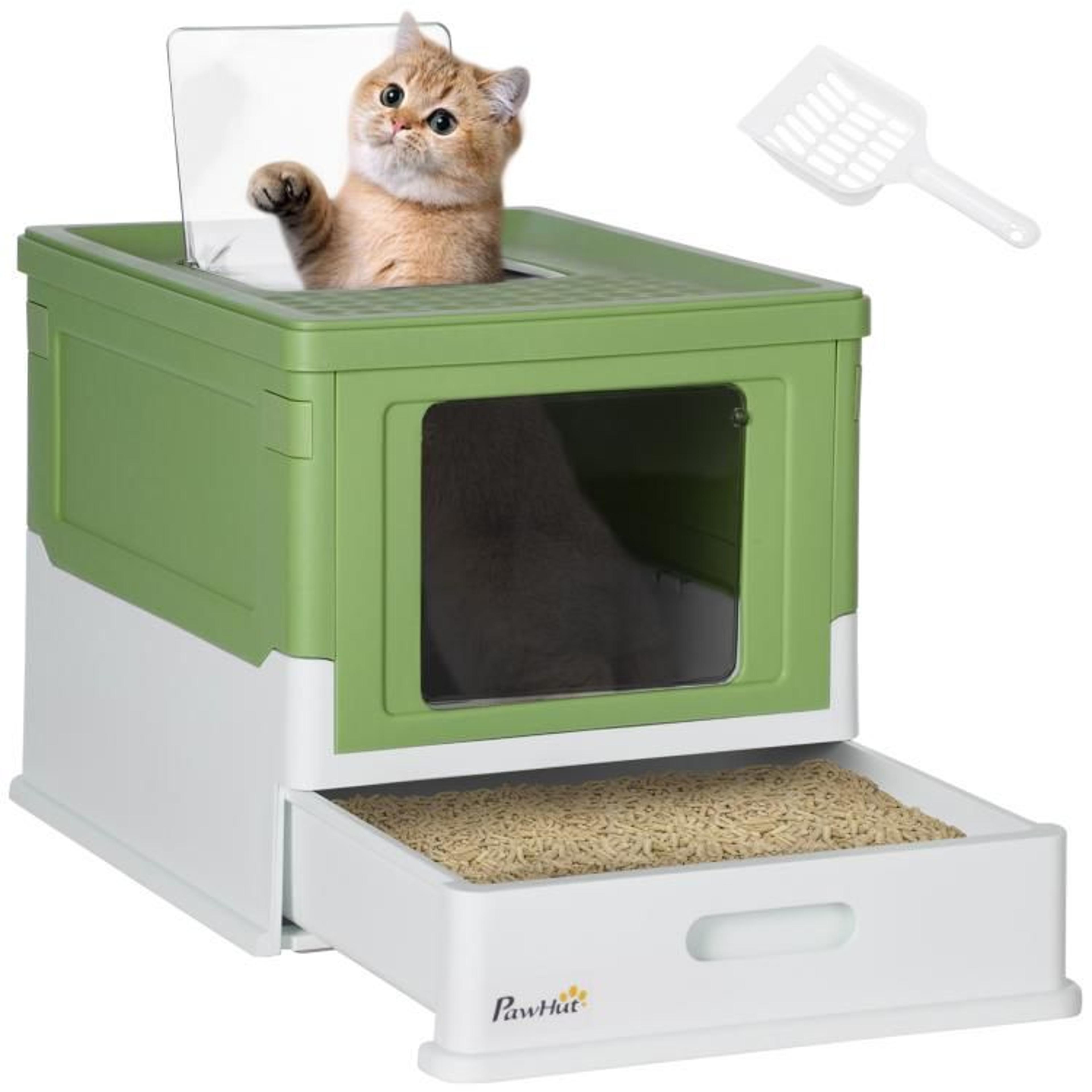 enclosed cat litter box with front entry and top exit yellowish green