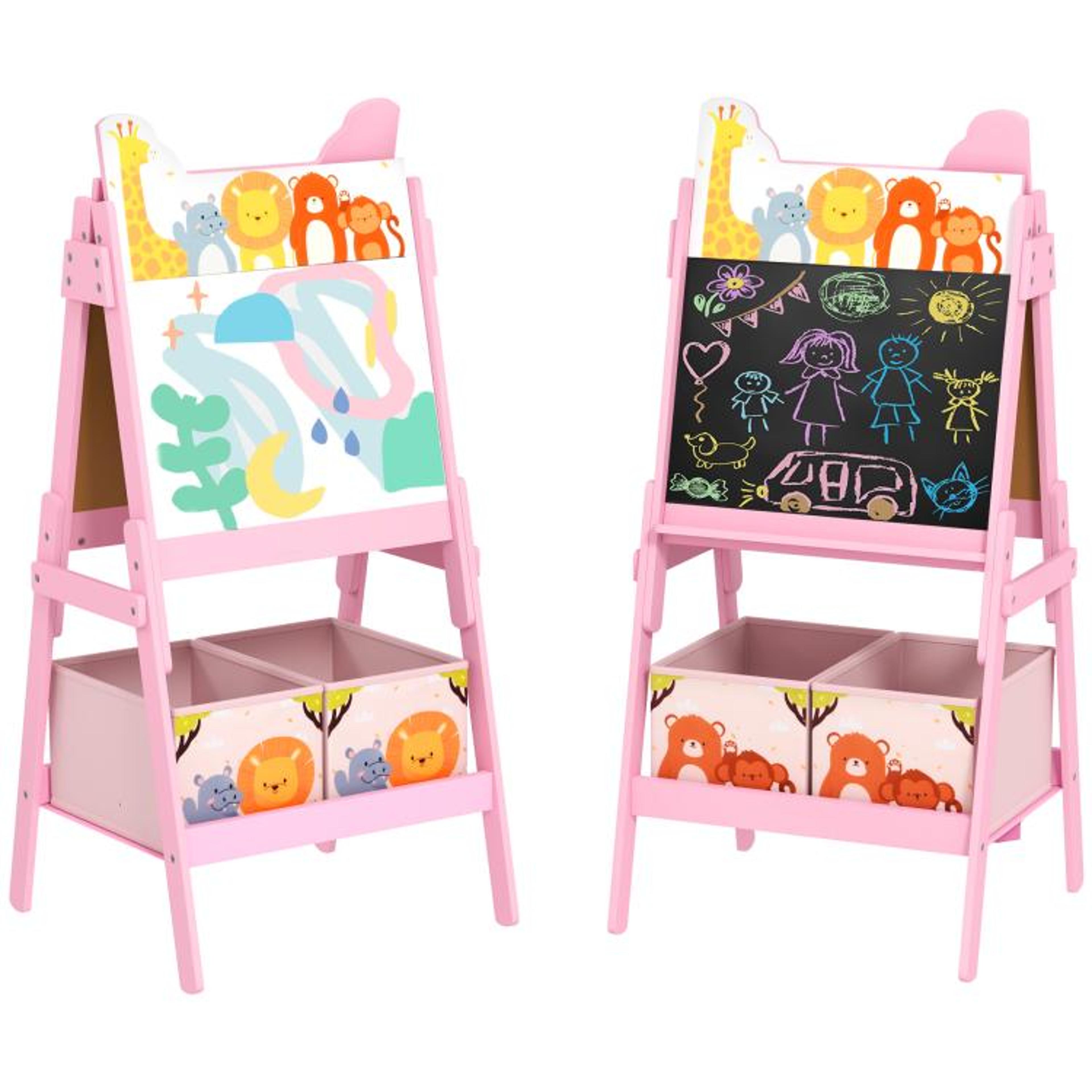double-sided kids art easel with whiteboard chalkboard and storage boxes blue