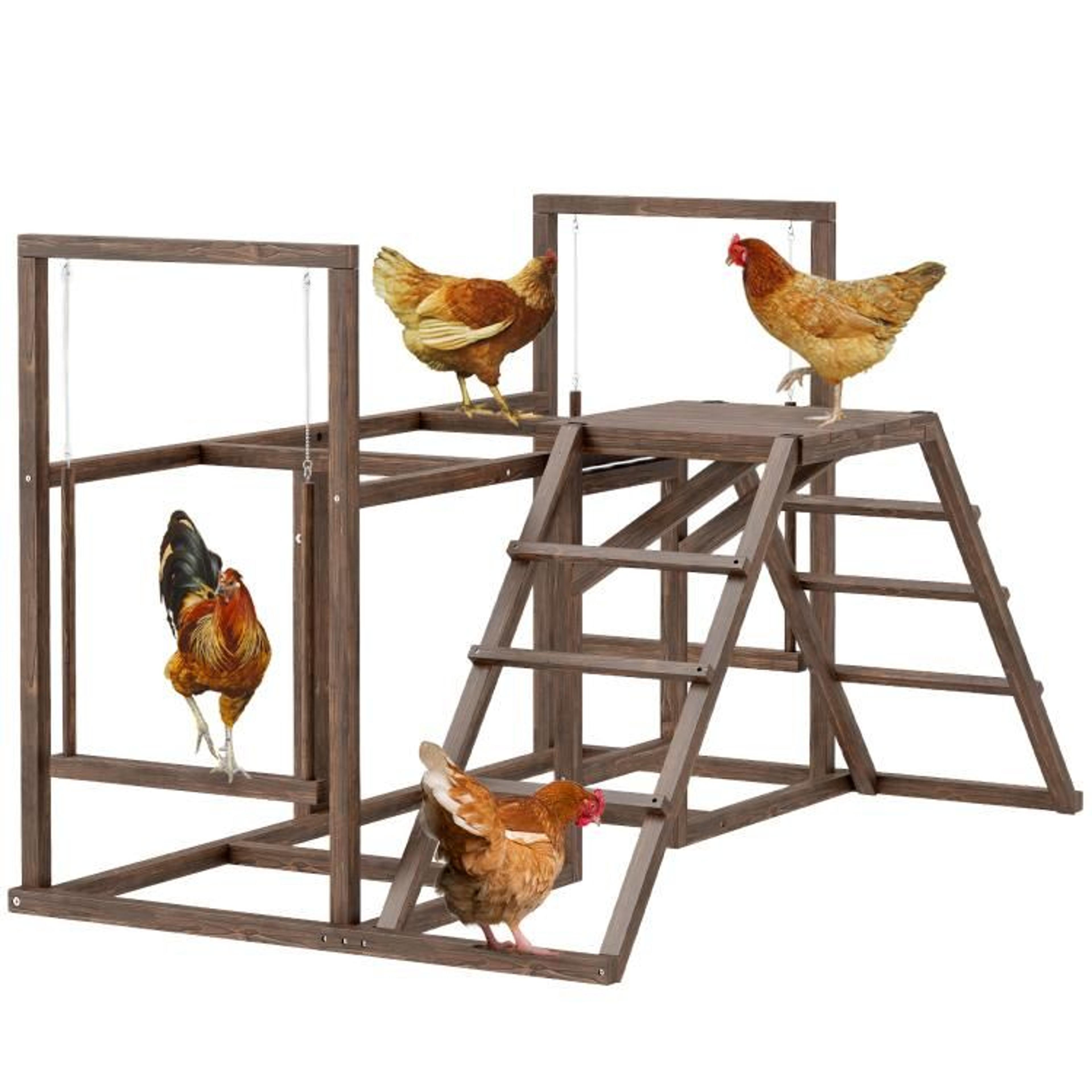 wooden chicken playground with swings ladders and perches coffee