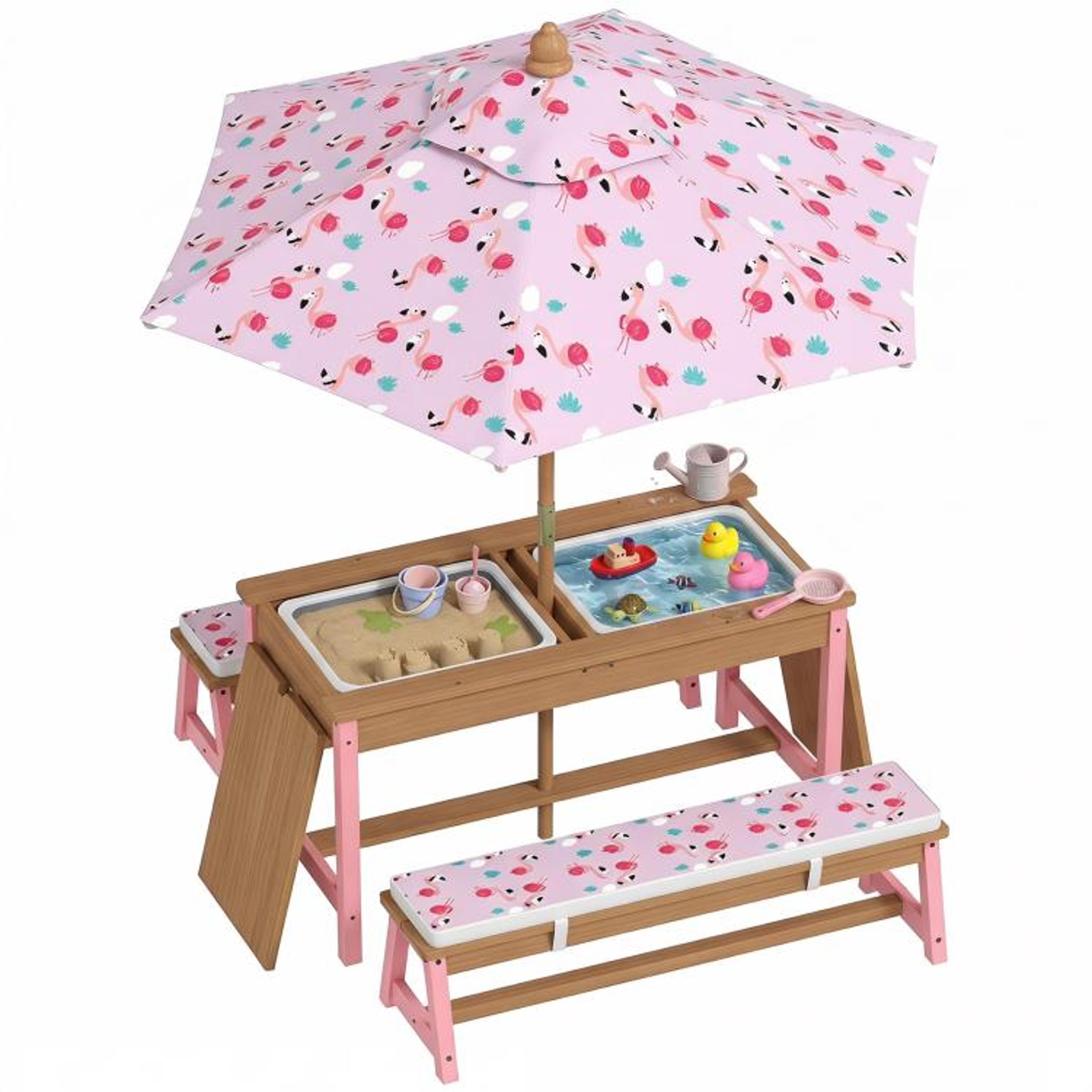 kids wooden picnic table set with foldable flamingo umbrella andkids wooden picnic table set with foldable storage boxes
