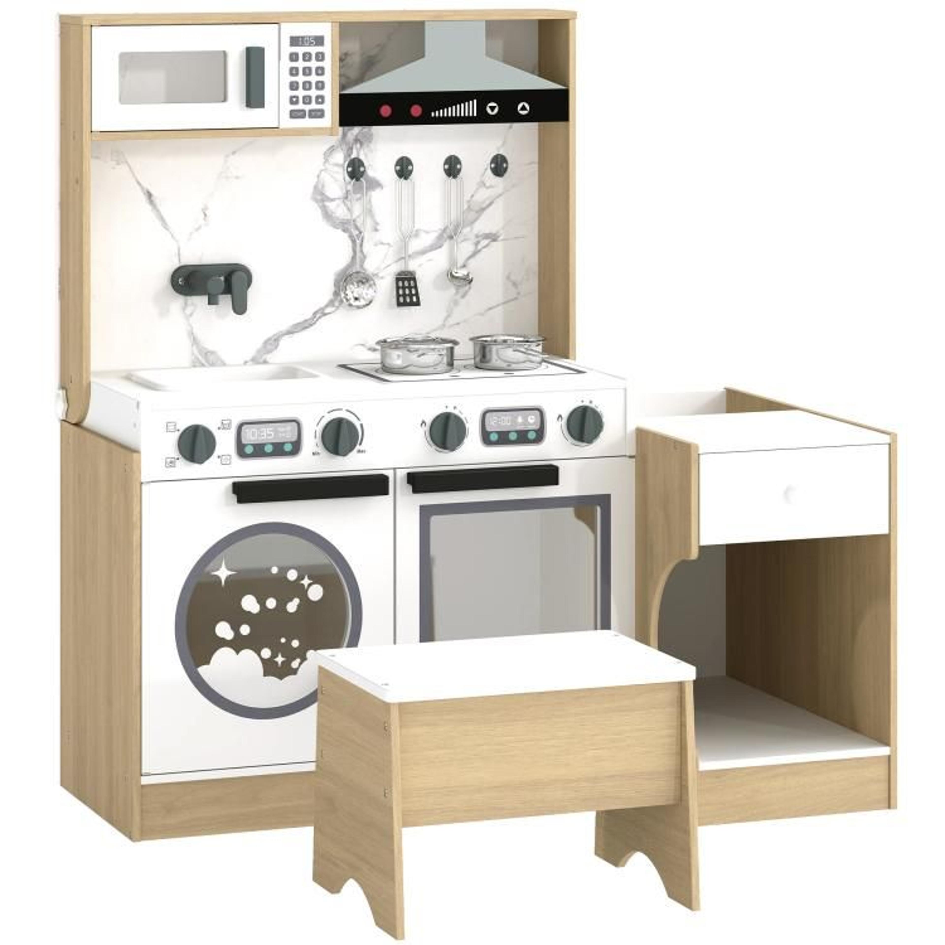 2-in-1 kids play kitchen set with convertible table and chair and cooking accessories