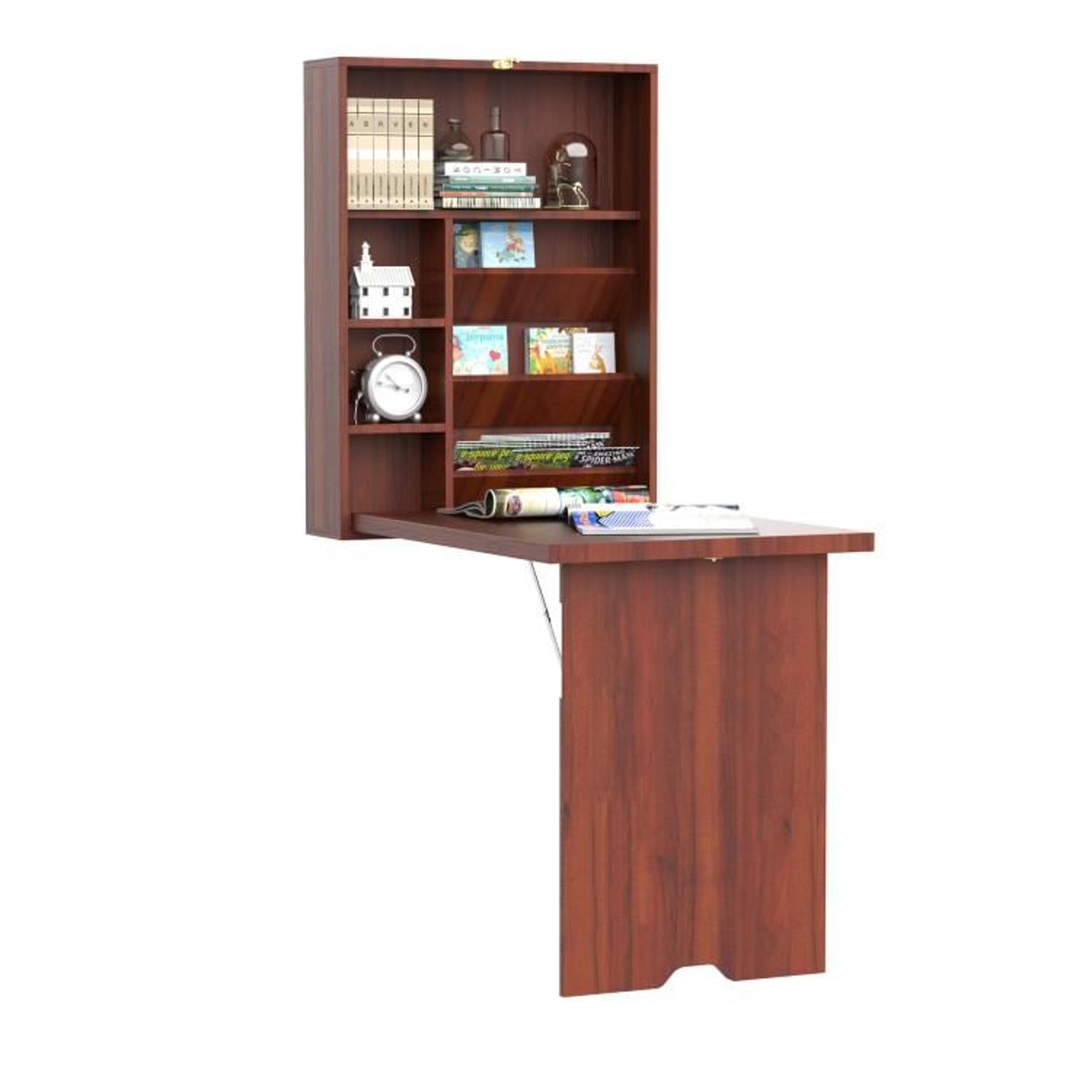 wall mounted folding desk with storage shelves in mahogany