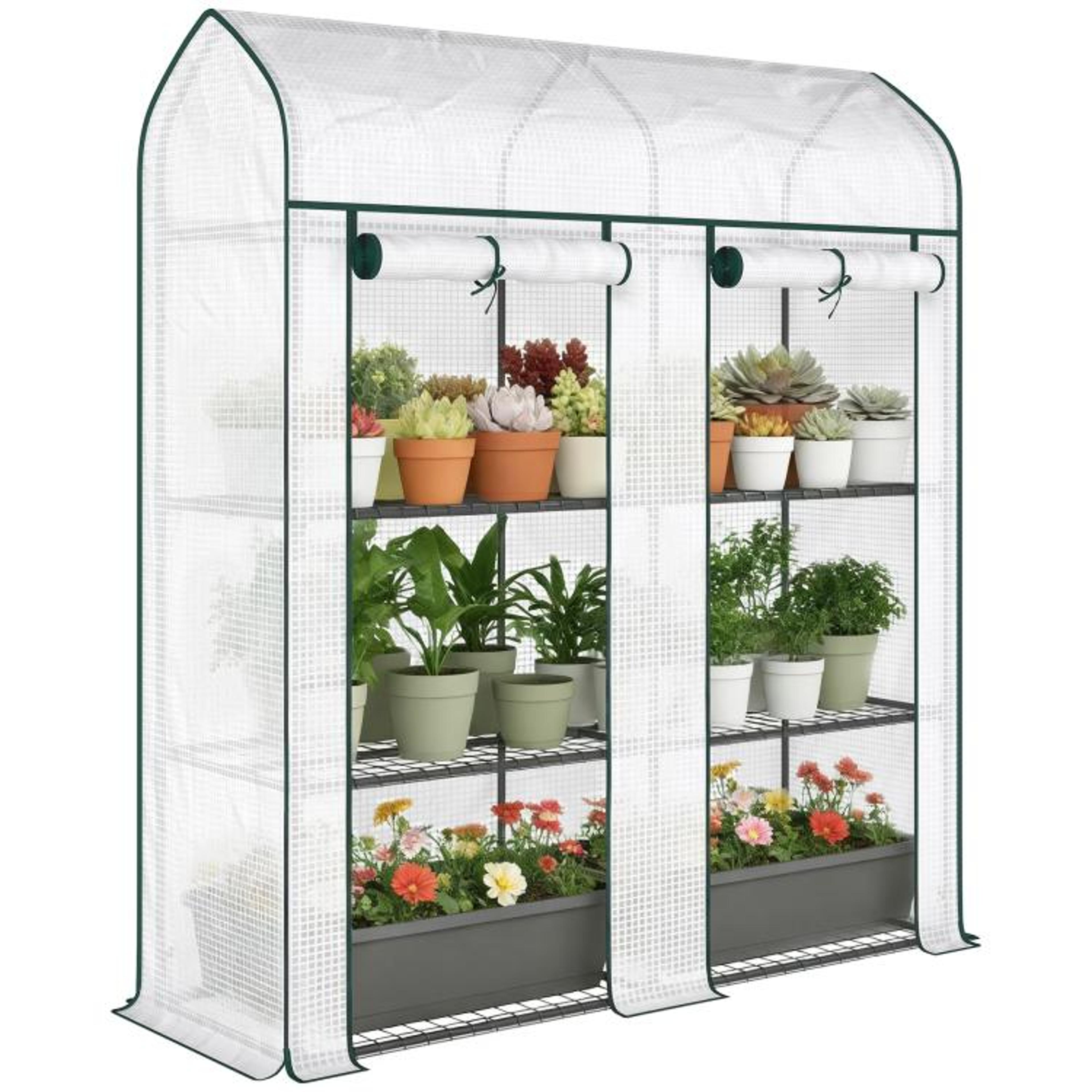 3-tier mini greenhouse with 2 roll-up doors and pe cover white