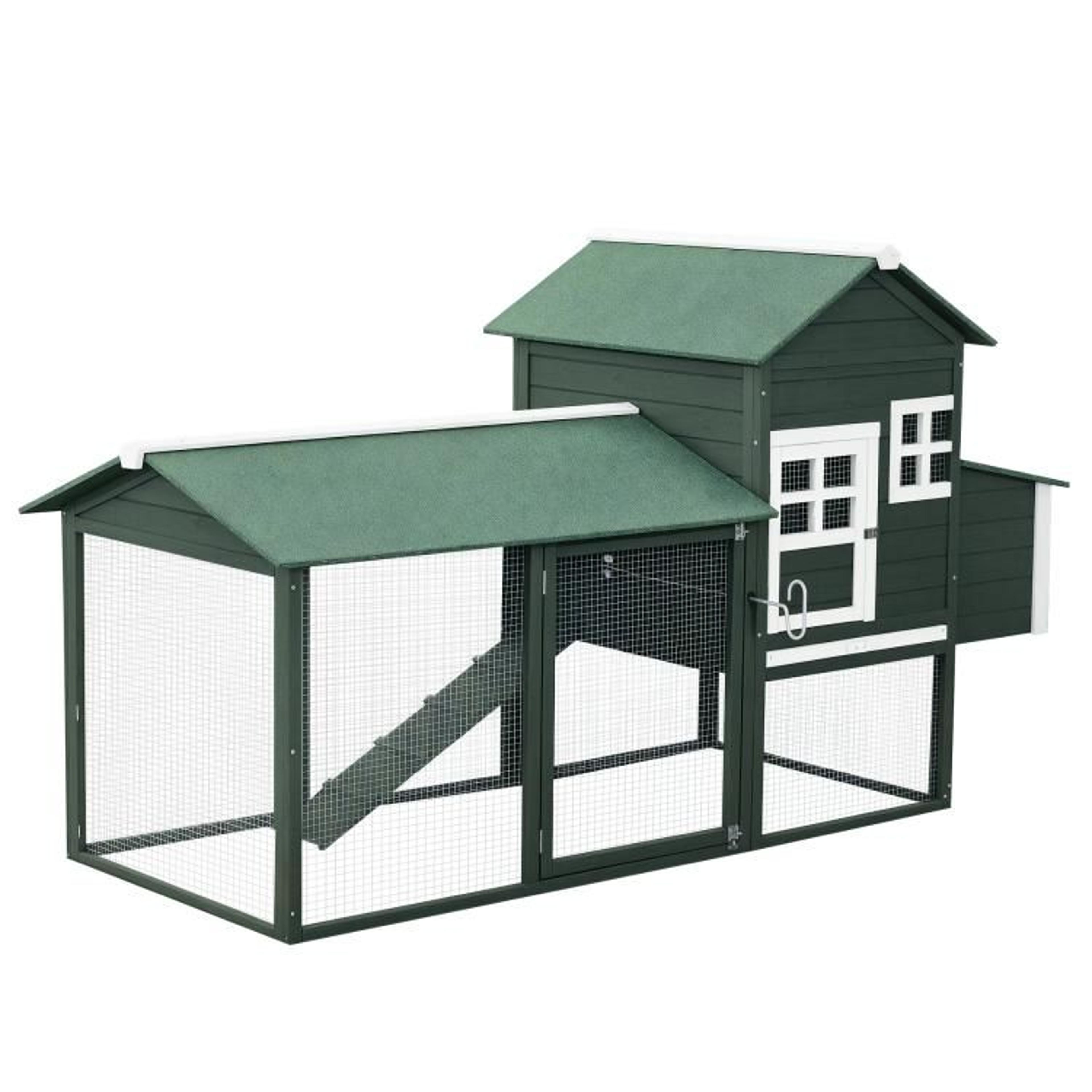 84-inch wooden chicken coop with outdoor run and nesting box green