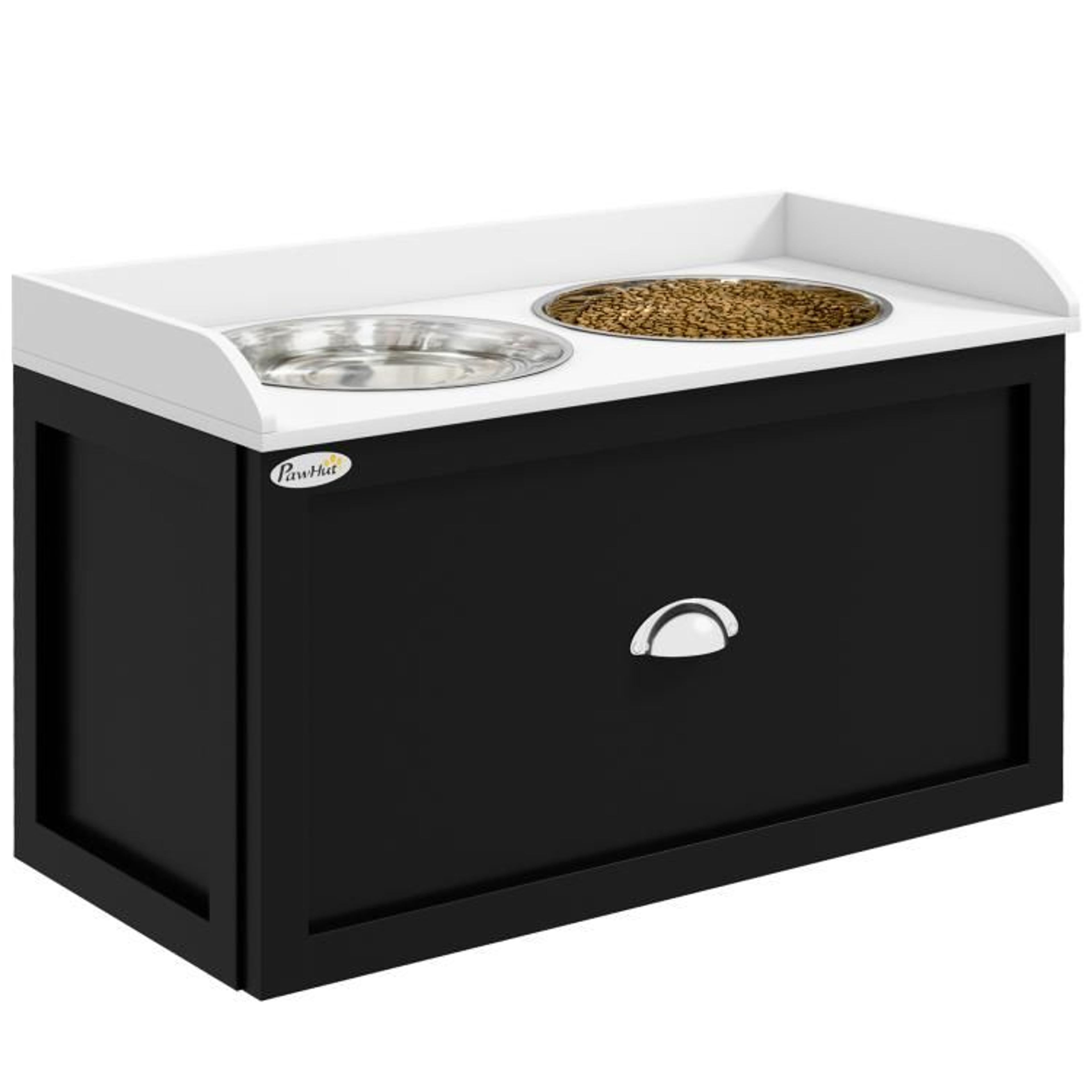 elevated dog feeding station with 2 stainless steel bowls and storage drawer