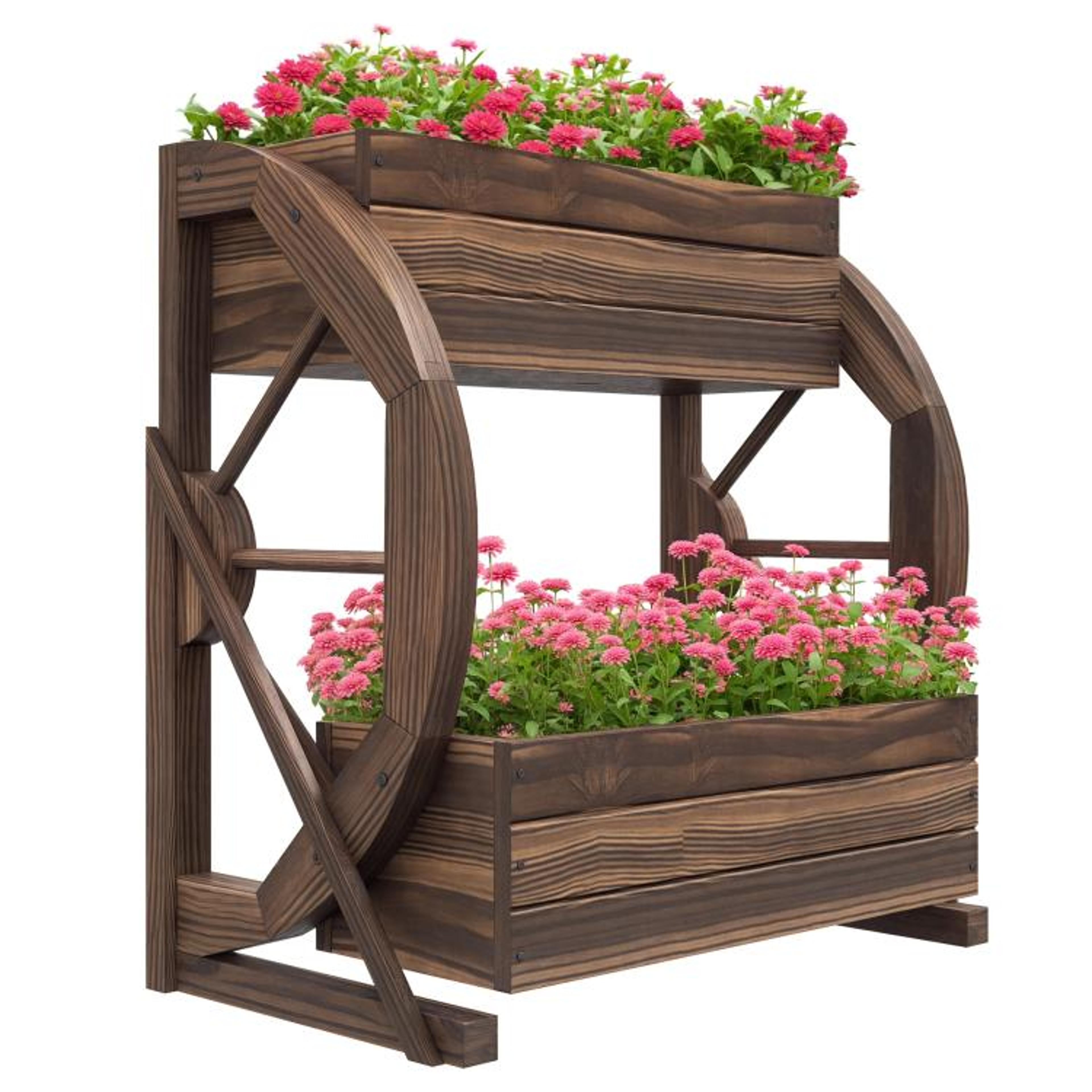 wooden wagon planter box with 2-tier raised garden beds and decorative wheels