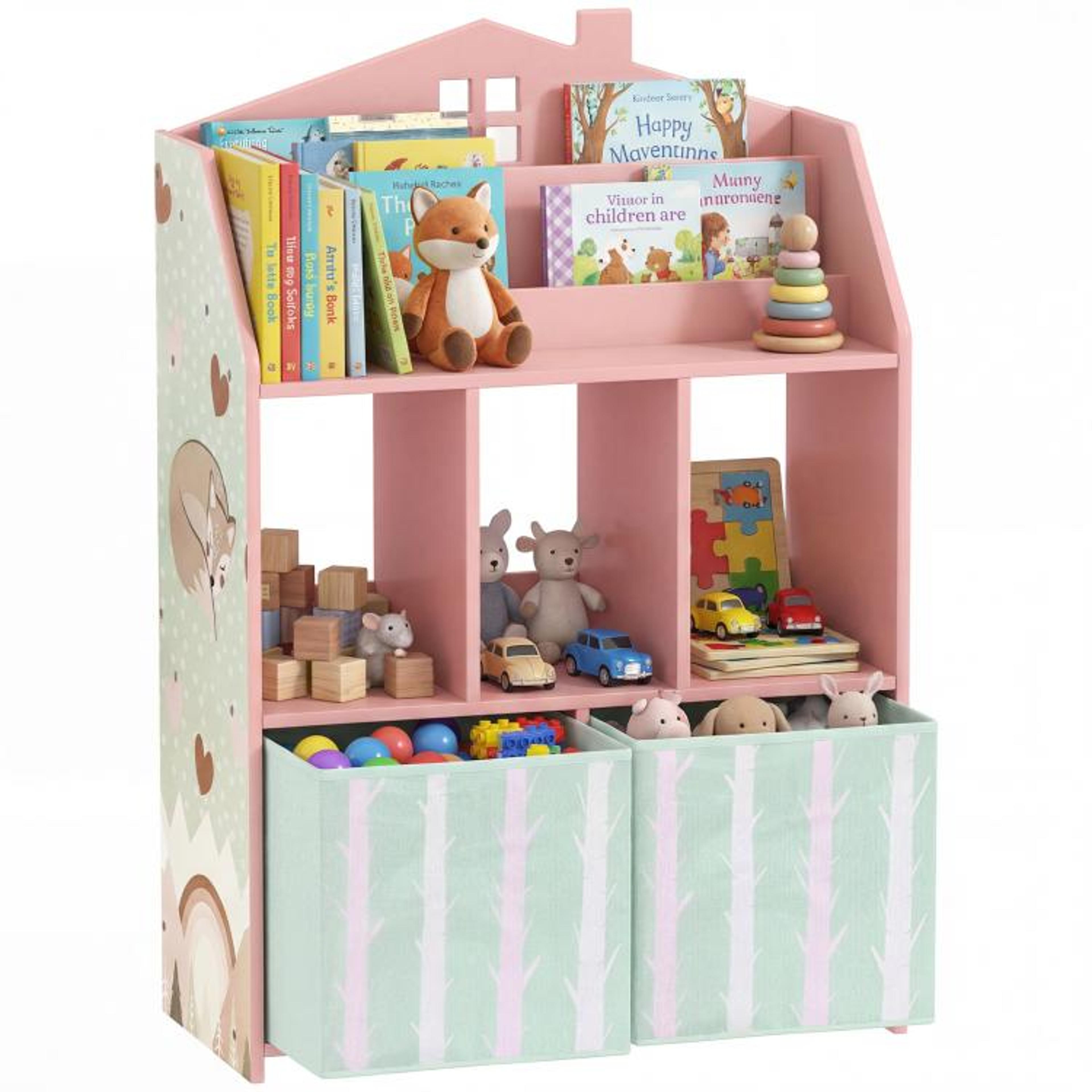 kids bookshelf and toy storage organizer with fabric drawers pink fox house design