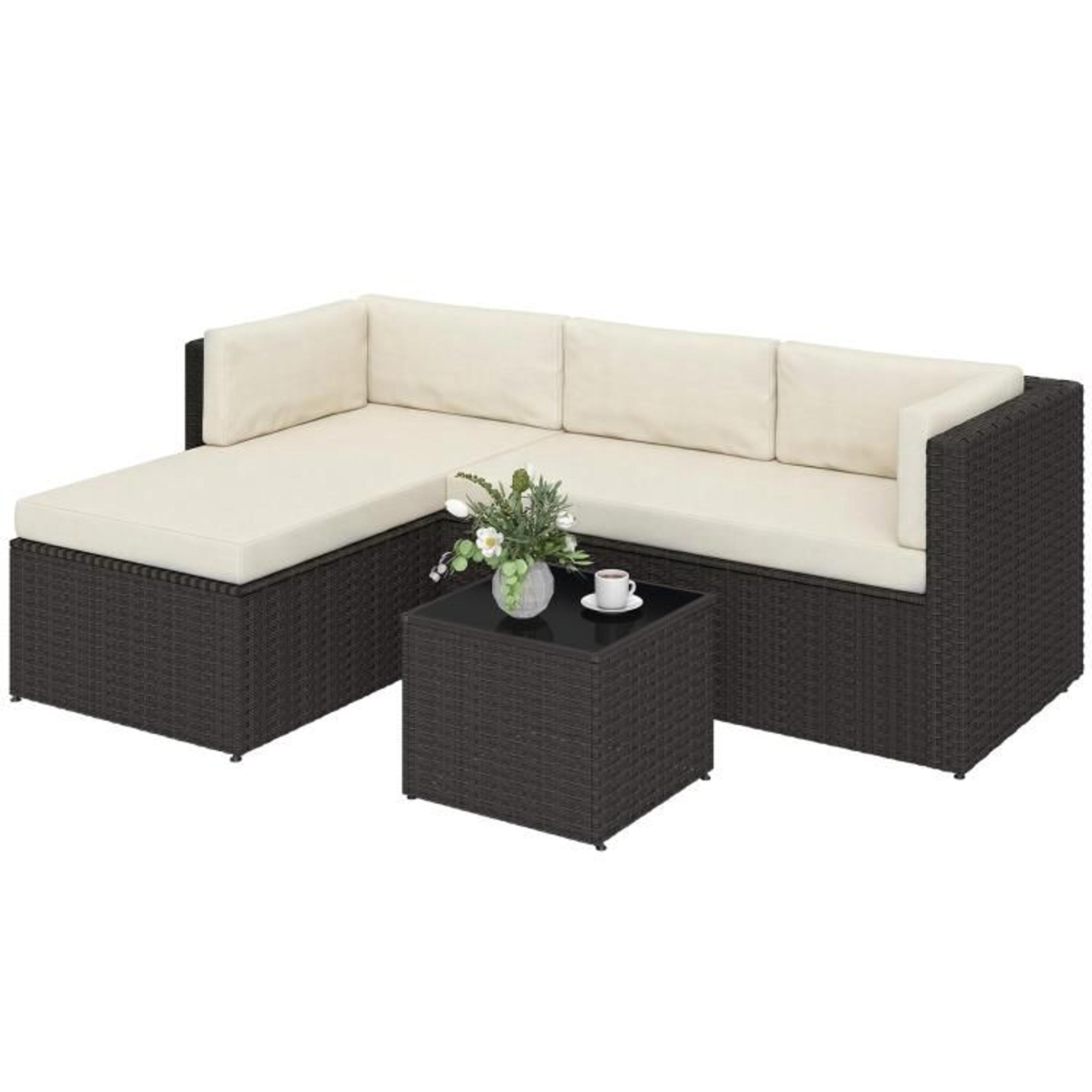 3-piece wicker patio furniture set with cushions and glass top table beige