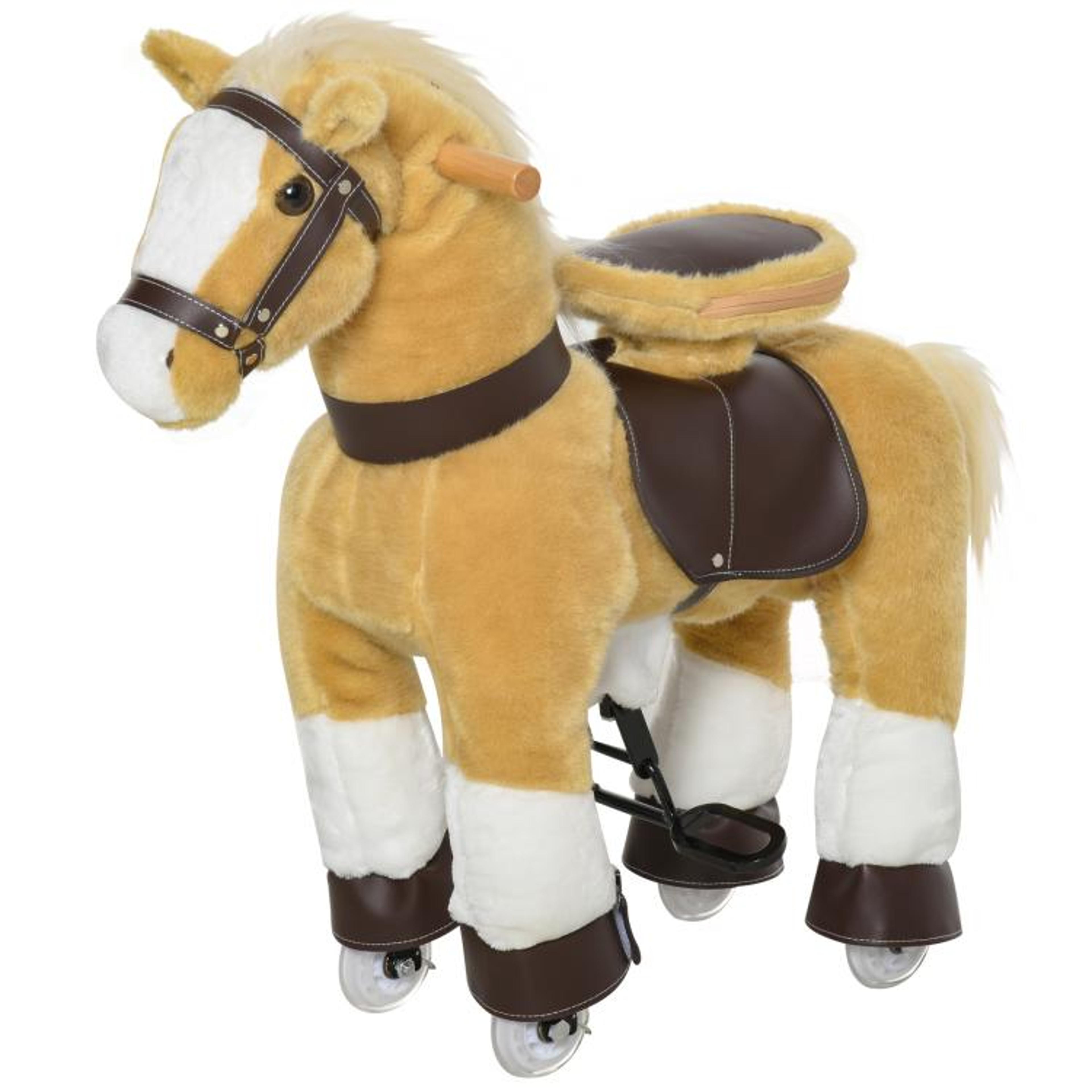 kids ride-on walking horse toy with wheels and plush body light brown