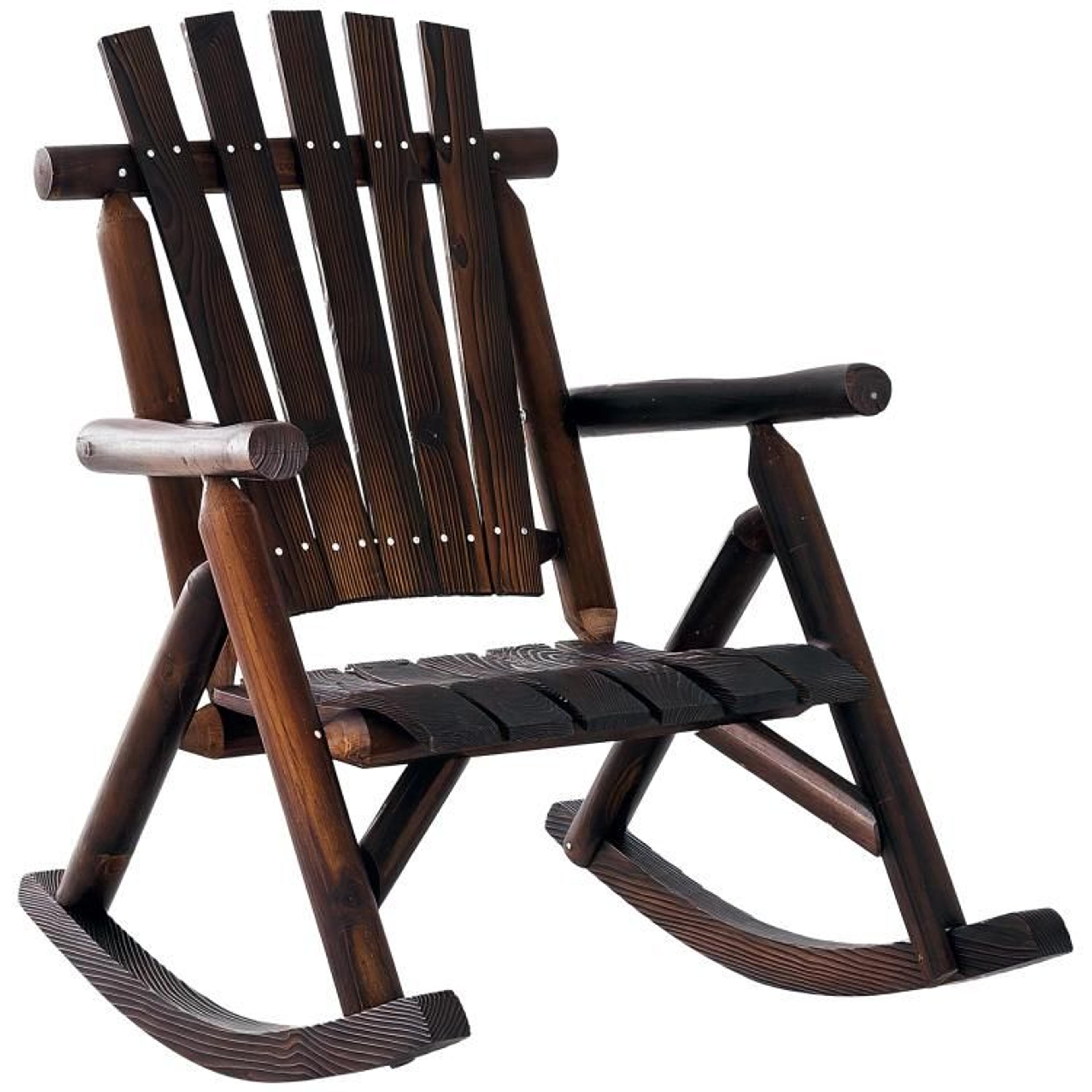 outdoor wooden adirondack rocking chair with high backrest and armrests